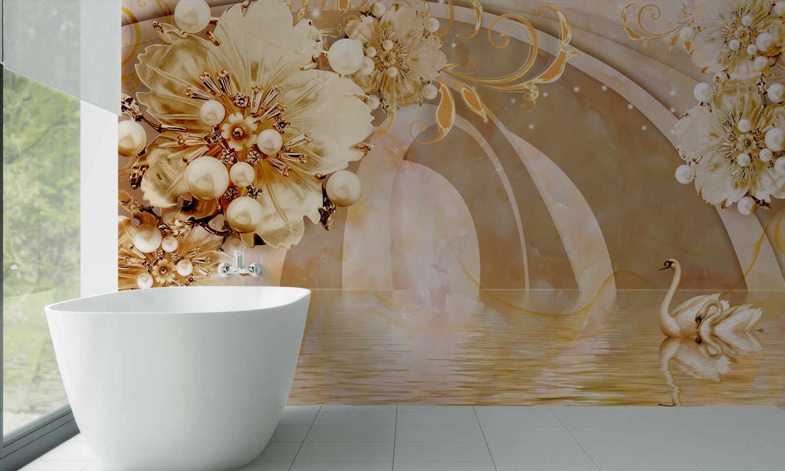 Papier peint un lac scintillant d'or, dans lequel nagent des cygnes et poussent des fleurs