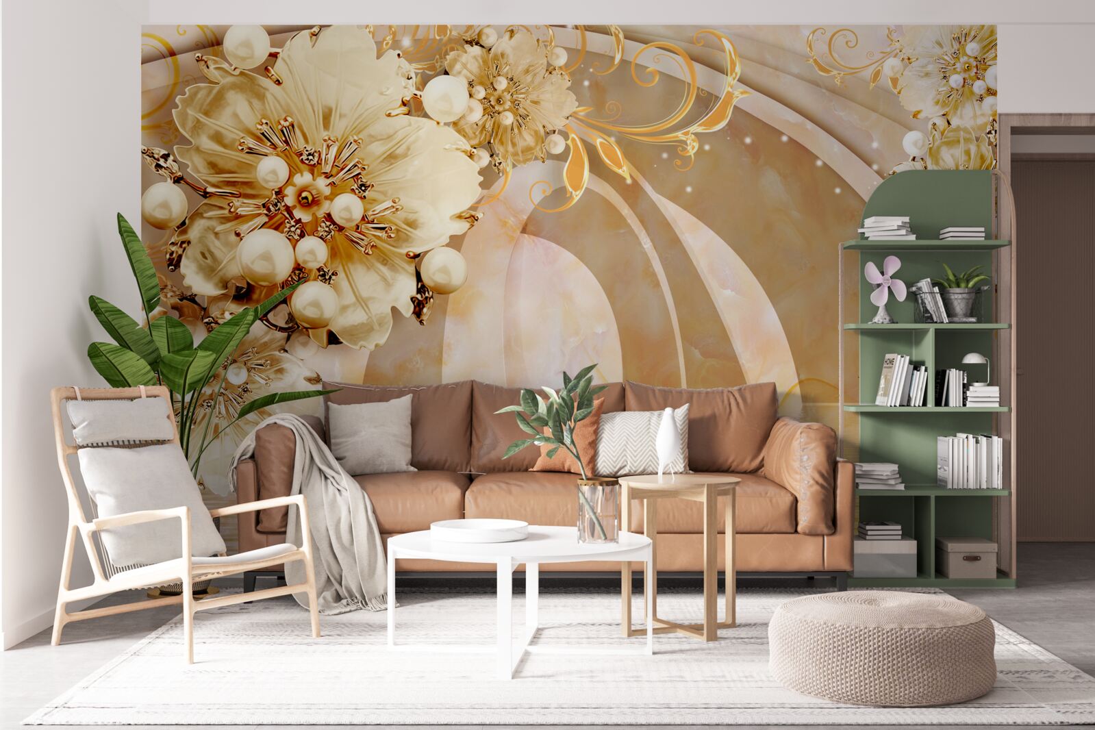 Papier peint un lac scintillant d'or, dans lequel nagent des cygnes et poussent des fleurs