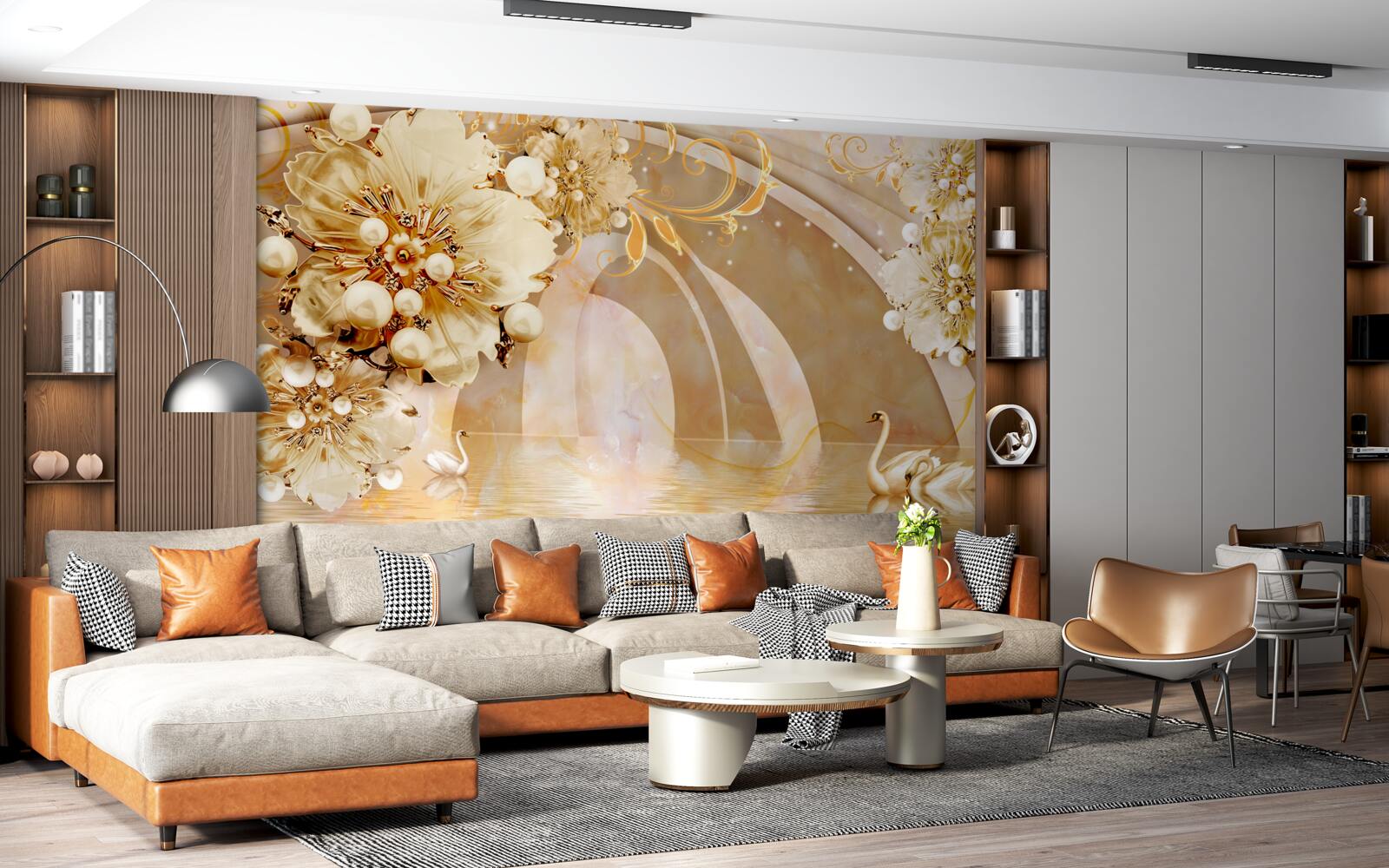 Papier peint un lac scintillant d'or, dans lequel nagent des cygnes et poussent des fleurs