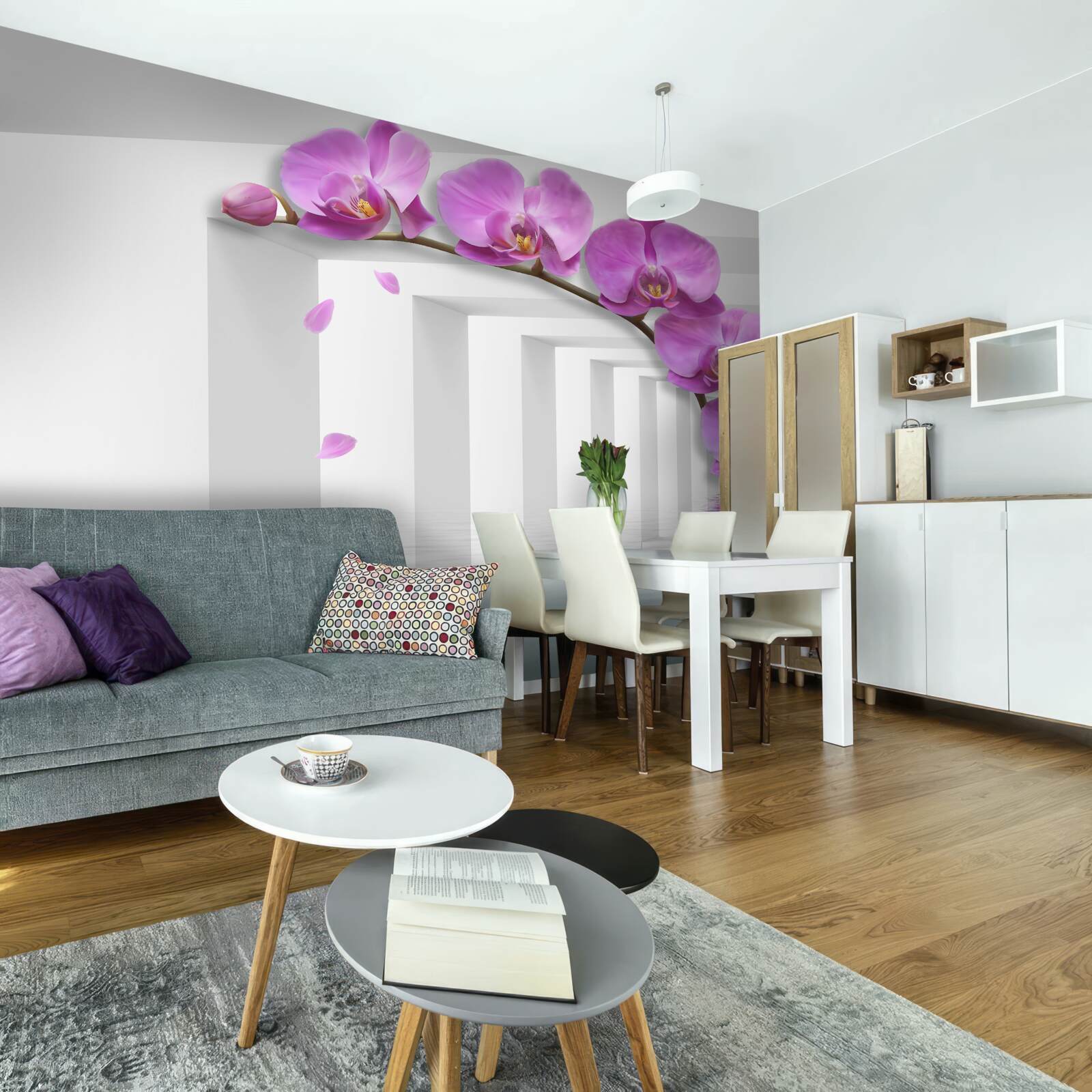 Papier peint orchidée lilas sur une branche entourée d'arcs blancs