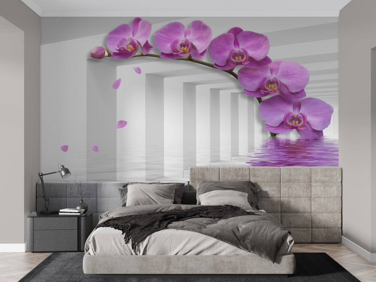 Papier peint orchidée lilas sur une branche entourée d'arcs blancs