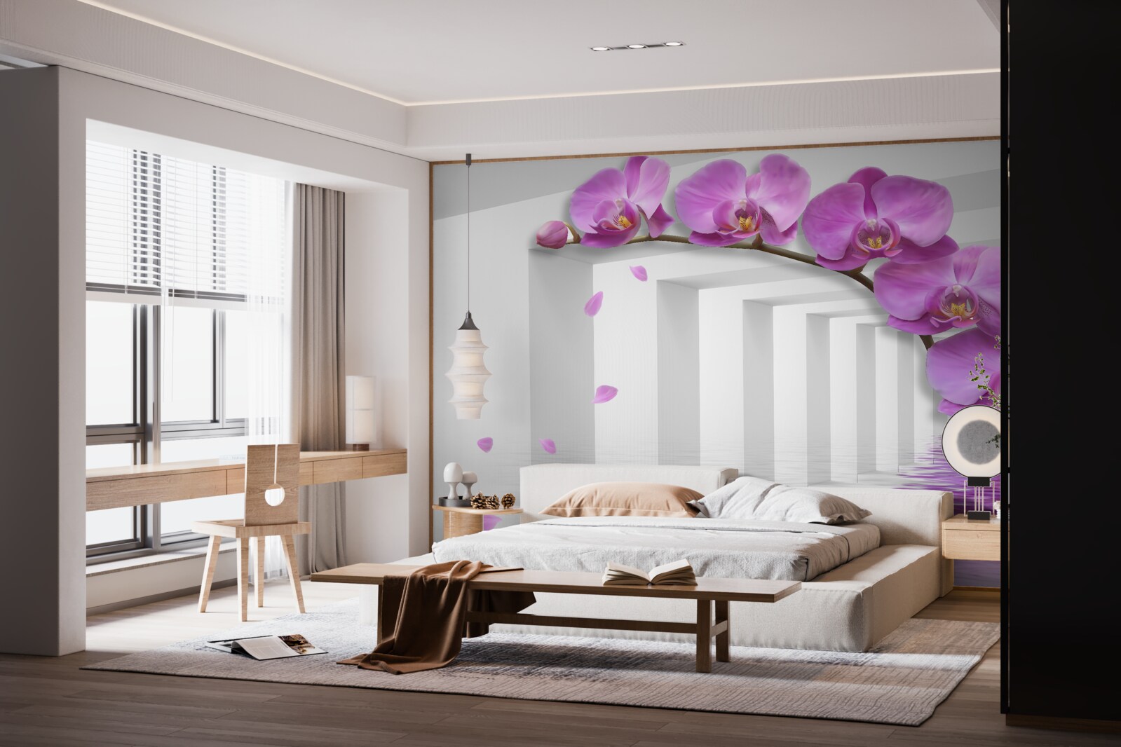 Papier peint orchidée lilas sur une branche entourée d'arcs blancs