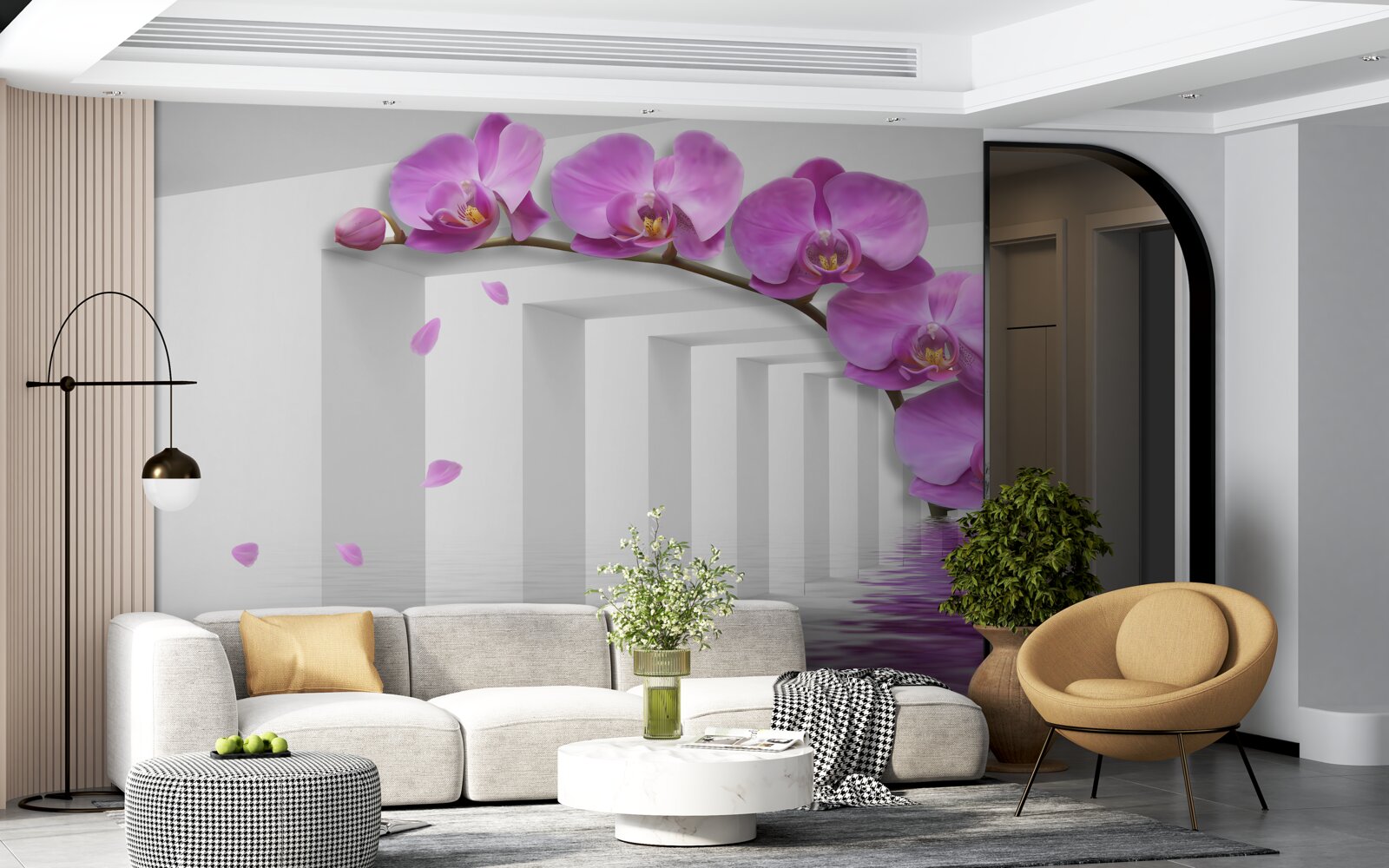Papier peint orchidée lilas sur une branche entourée d'arcs blancs
