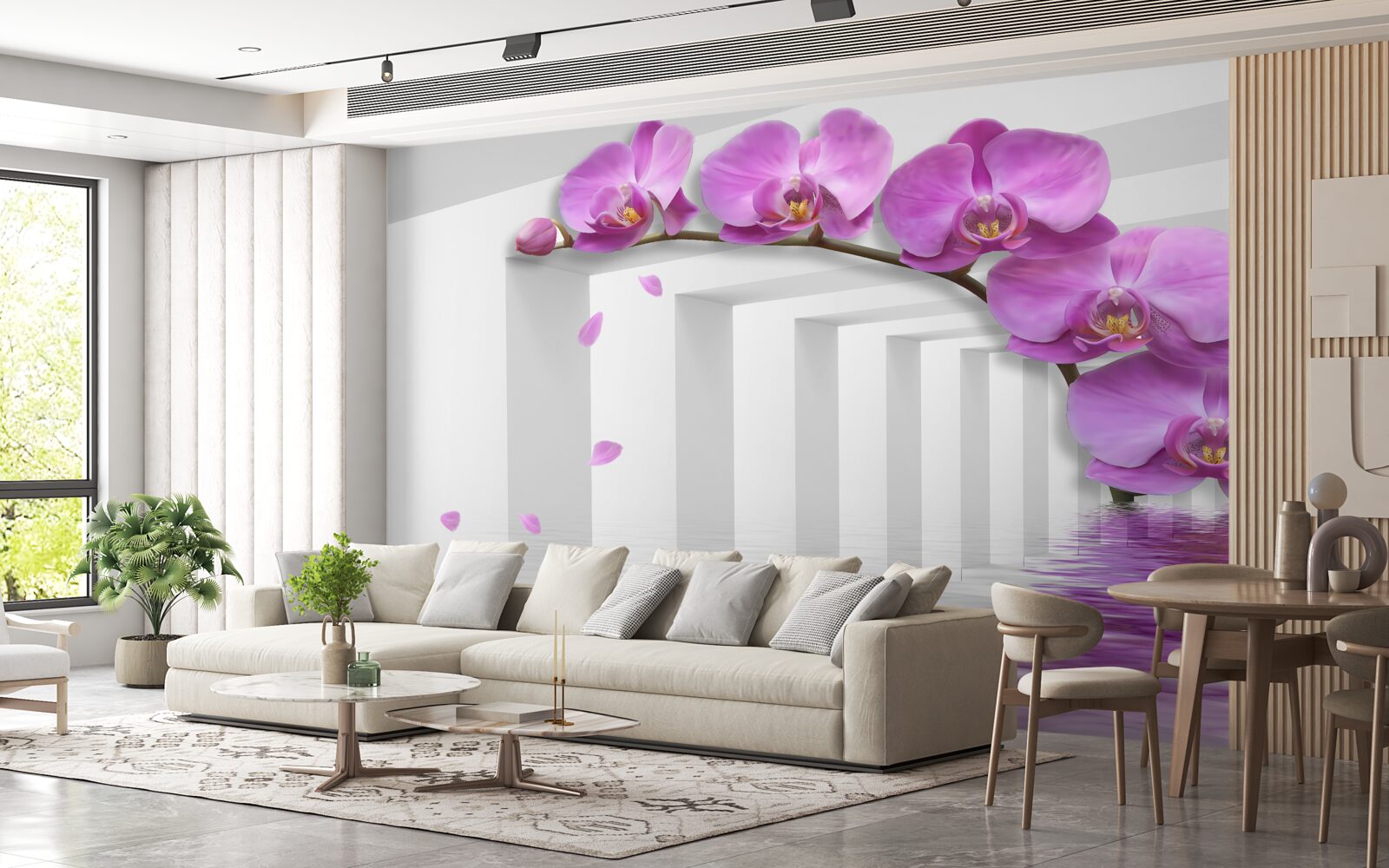 Papier peint orchidée lilas sur une branche entourée d'arcs blancs