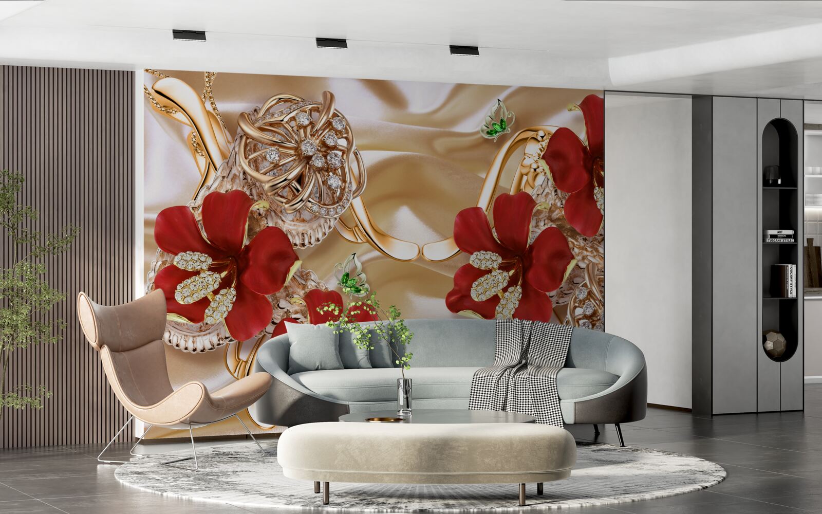 Papier peint bourgeons rouges ornés d'éléments décoratifs sur soie dorée