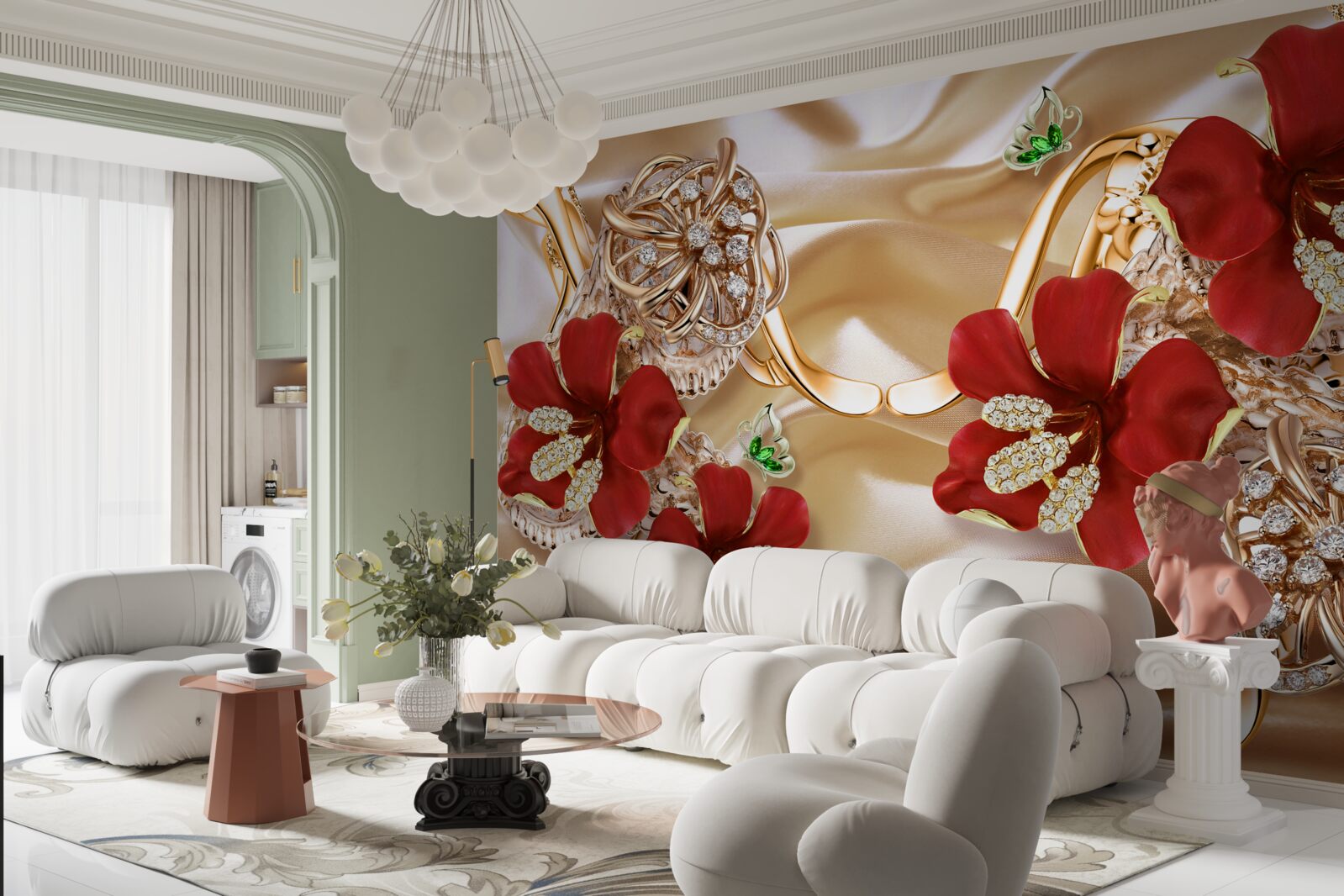 Papier peint bourgeons rouges ornés d'éléments décoratifs sur soie dorée