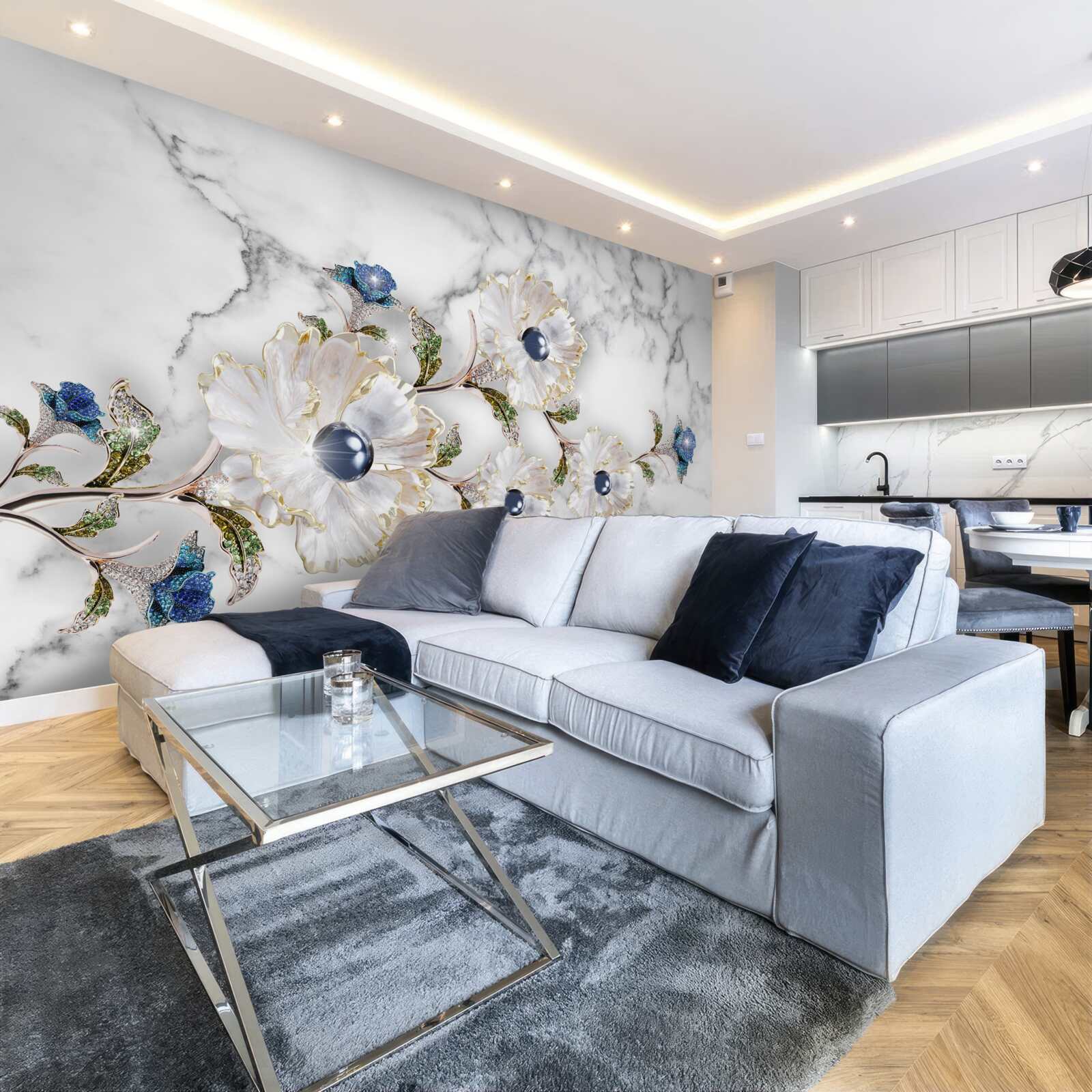 Papier peint le marbre est décoré de fleurs blanches avec des perles