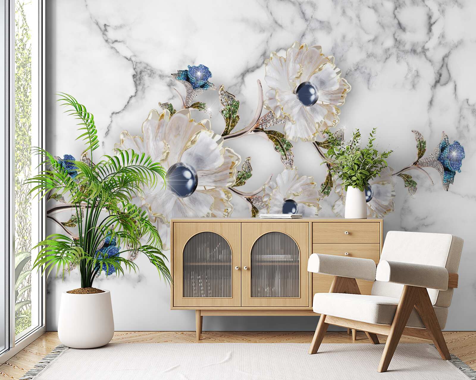 Papier peint le marbre est décoré de fleurs blanches avec des perles