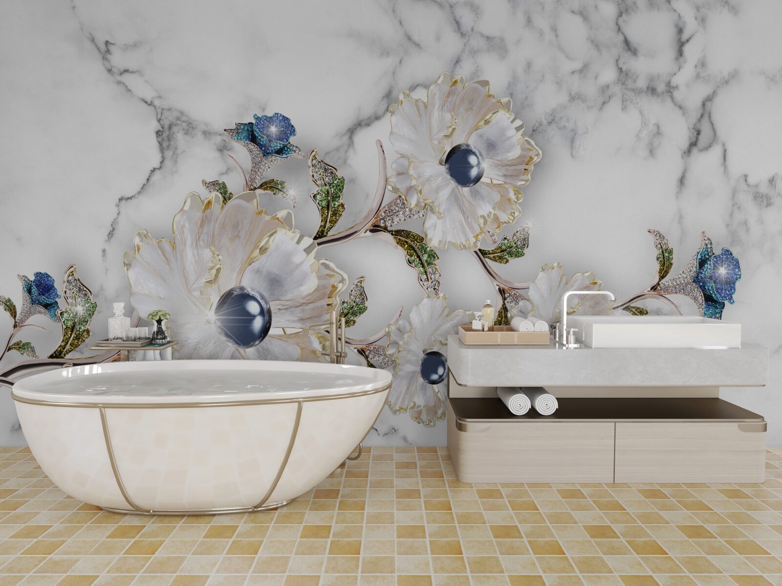 Papier peint le marbre est décoré de fleurs blanches avec des perles