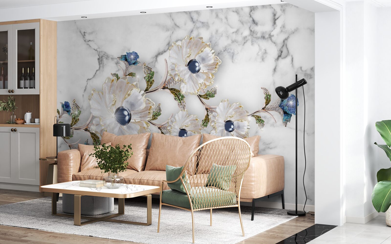 Papier peint le marbre est décoré de fleurs blanches avec des perles