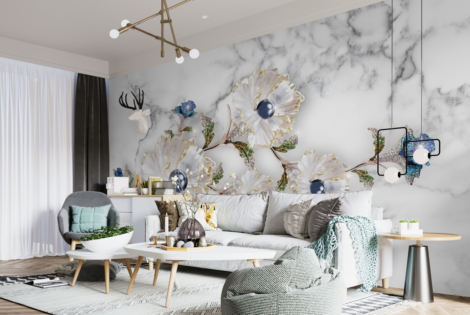 Papier peint le marbre est décoré de fleurs blanches avec des perles