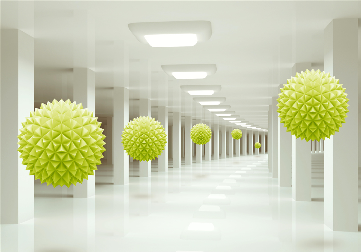 Papier peint tunnel en perspective entouré de boules jaunes