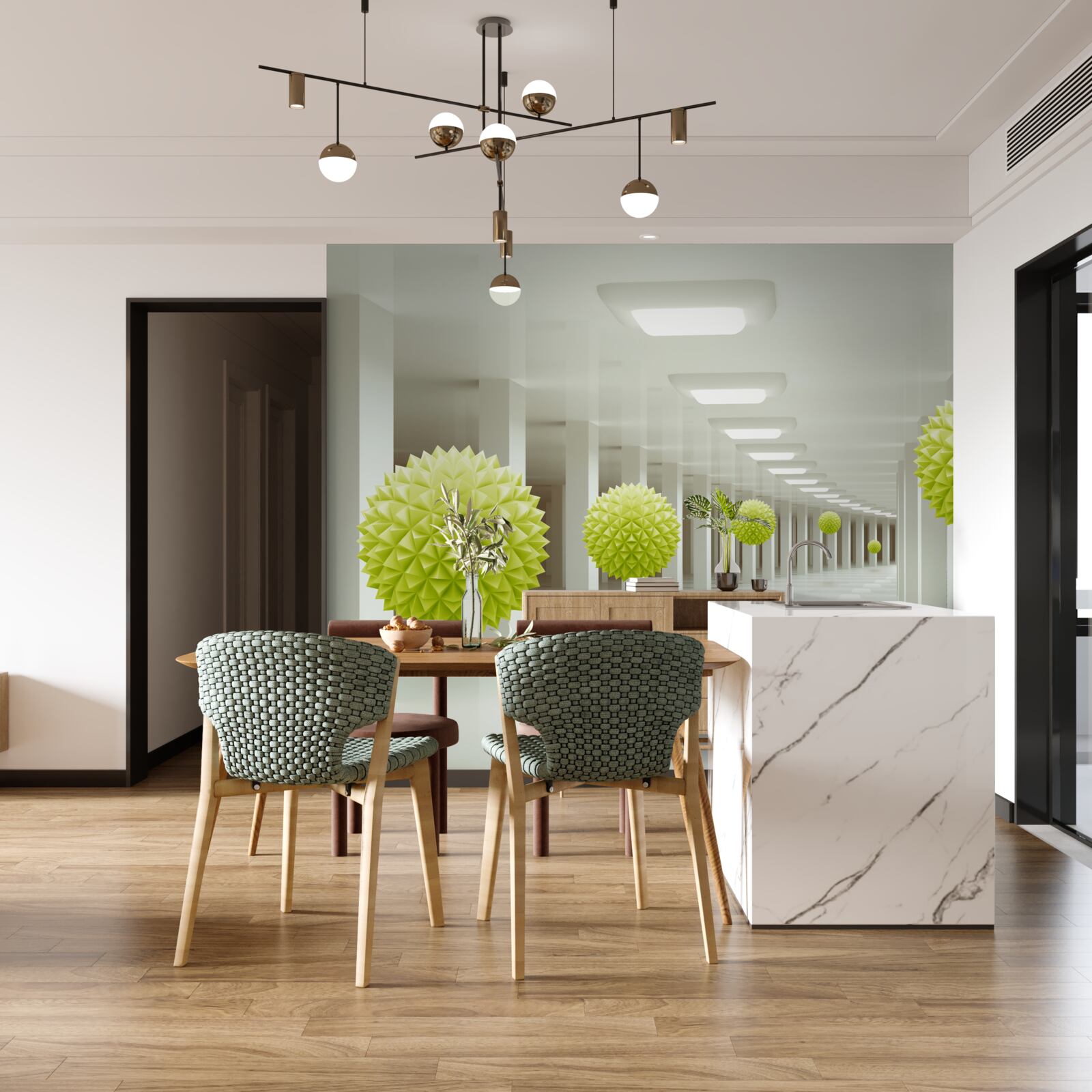 Papier peint tunnel en perspective entouré de boules jaunes