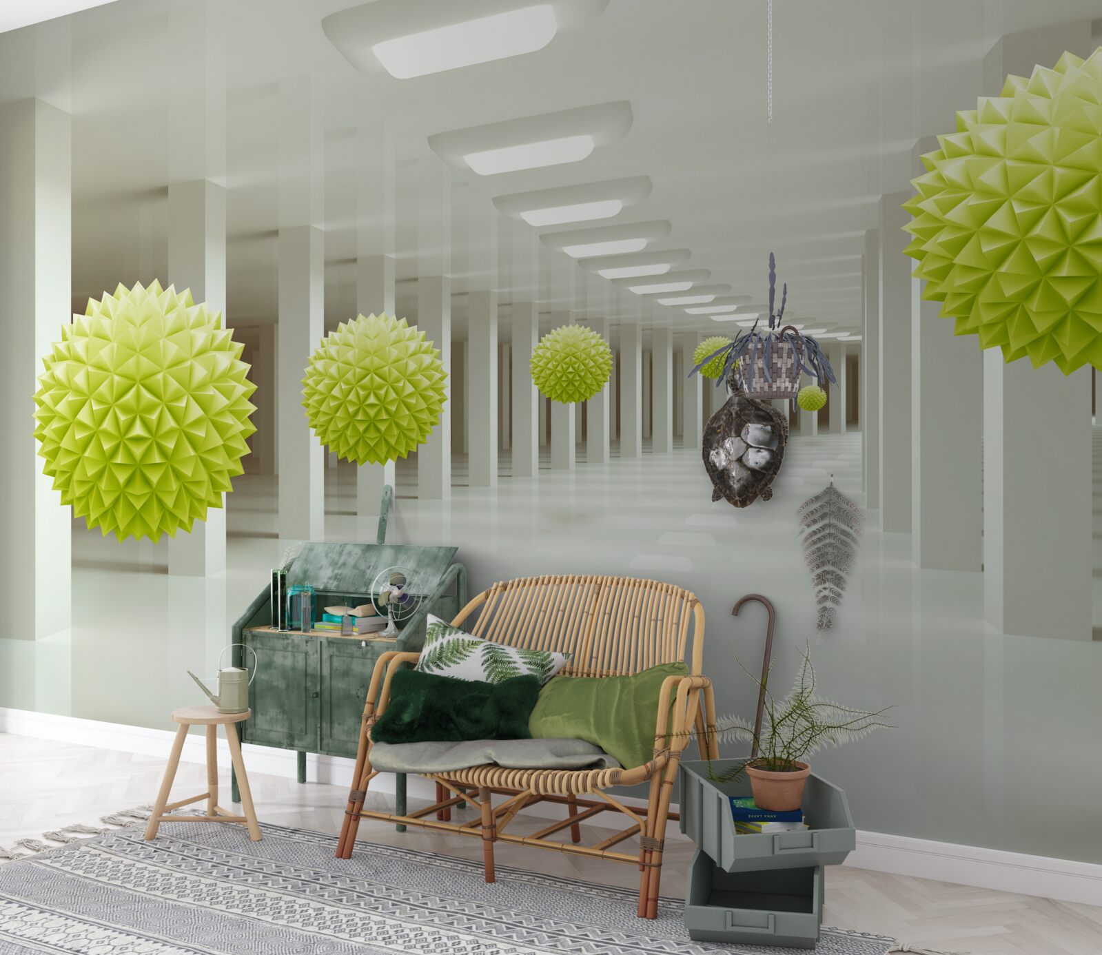 Papier peint tunnel en perspective entouré de boules jaunes