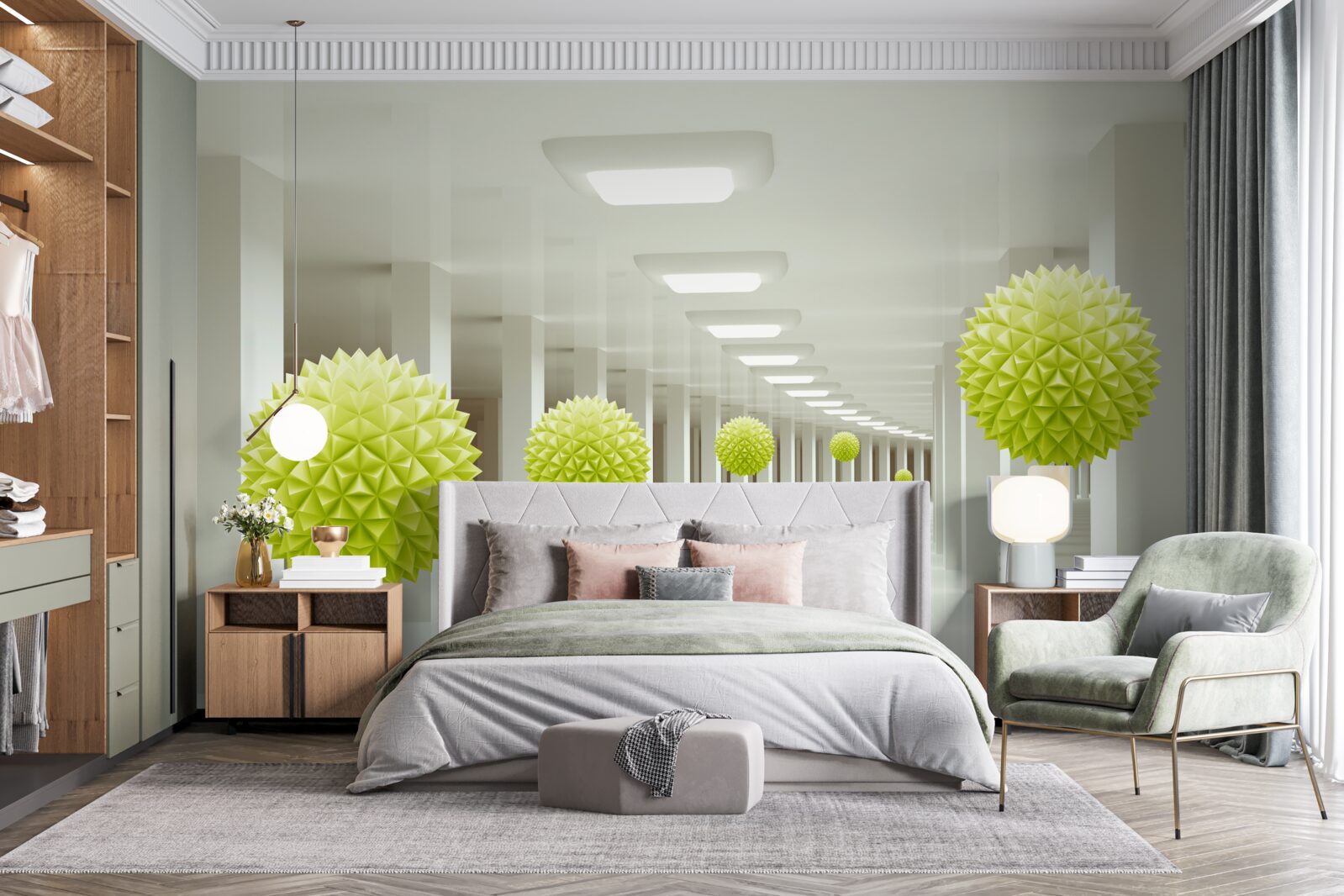 Papier peint tunnel en perspective entouré de boules jaunes