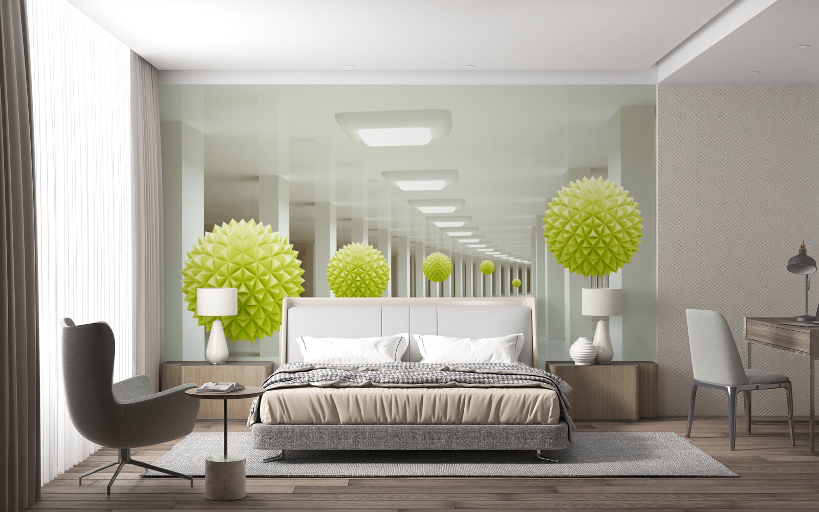 Papier peint tunnel en perspective entouré de boules jaunes