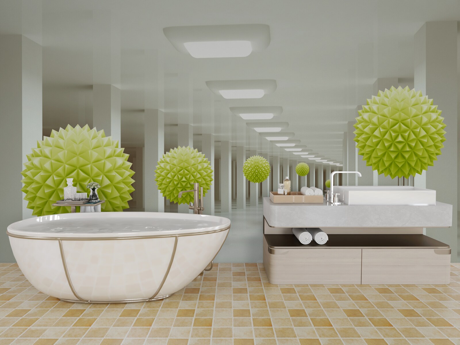 Papier peint tunnel en perspective entouré de boules jaunes