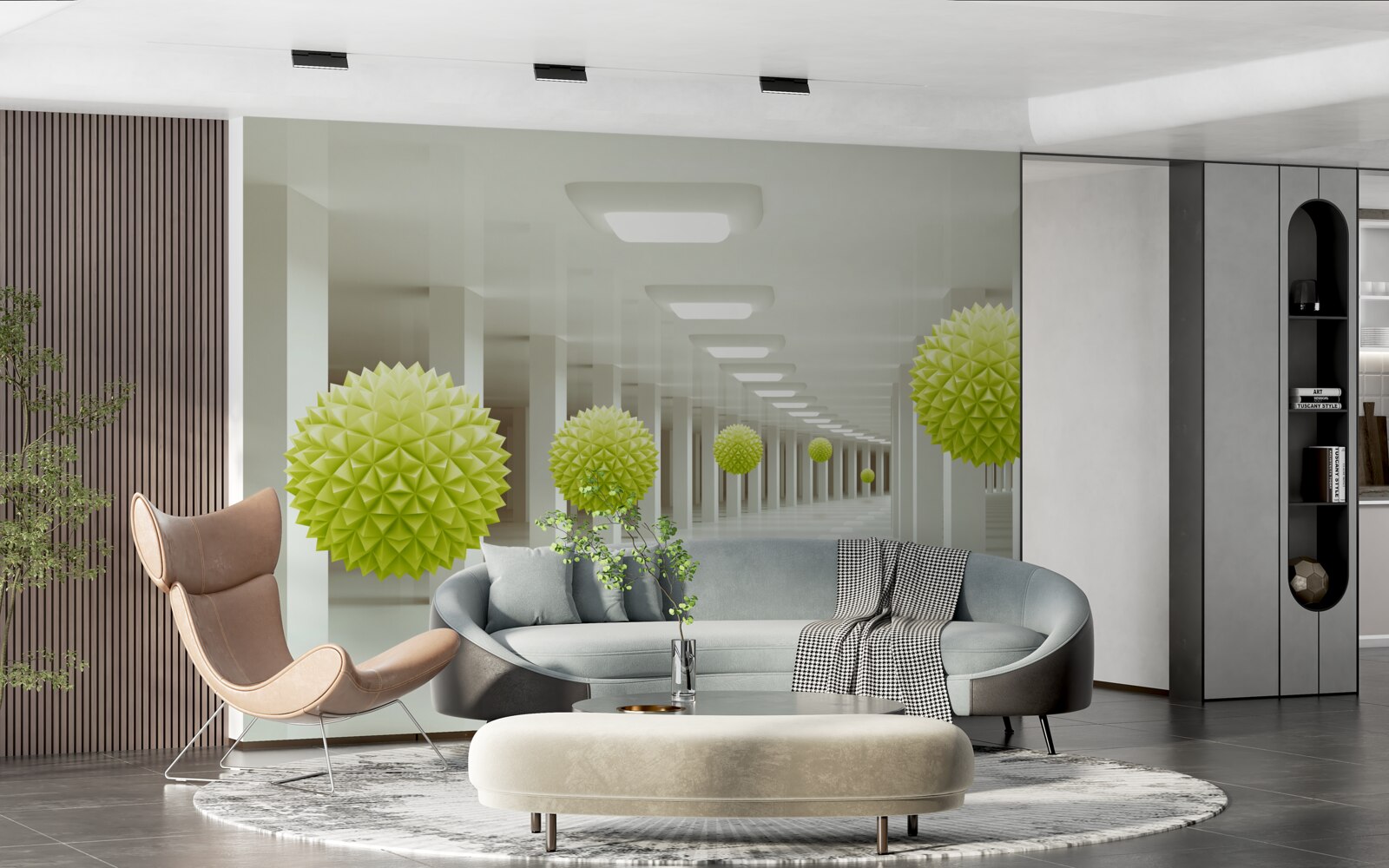 Papier peint tunnel en perspective entouré de boules jaunes