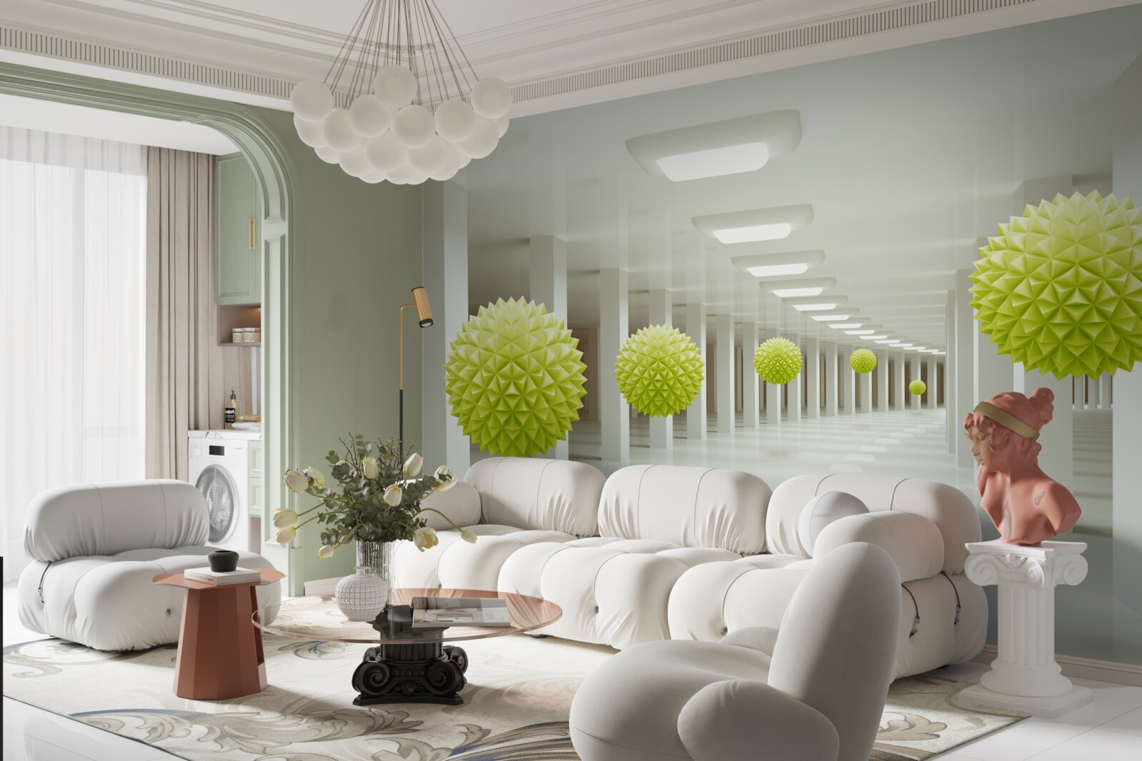 Papier peint tunnel en perspective entouré de boules jaunes