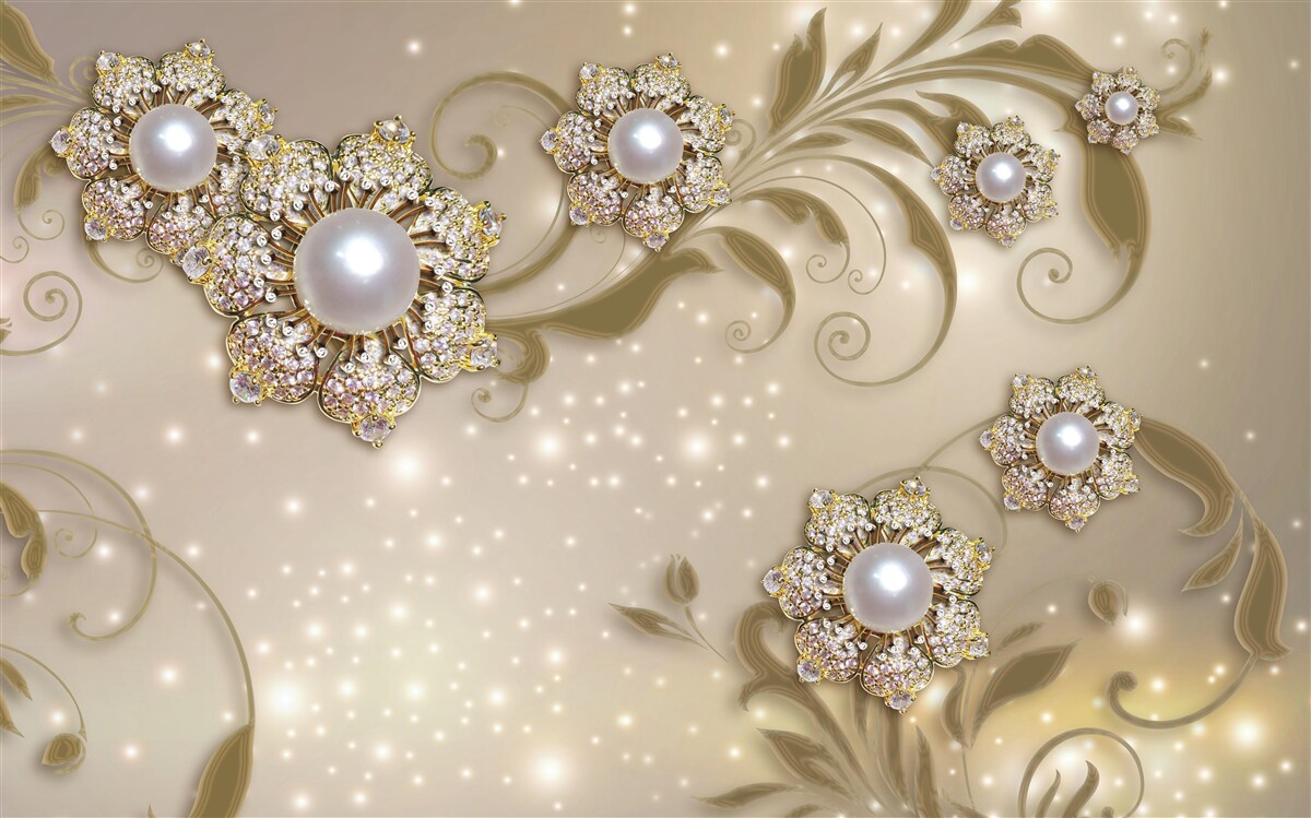 Papier peint bijoux en fleurs et perles dans les tons dorés