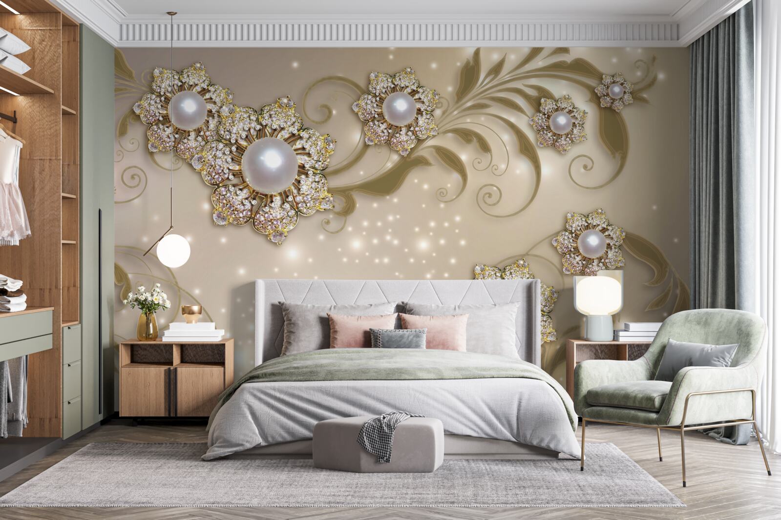 Papier peint bijoux en fleurs et perles dans les tons dorés