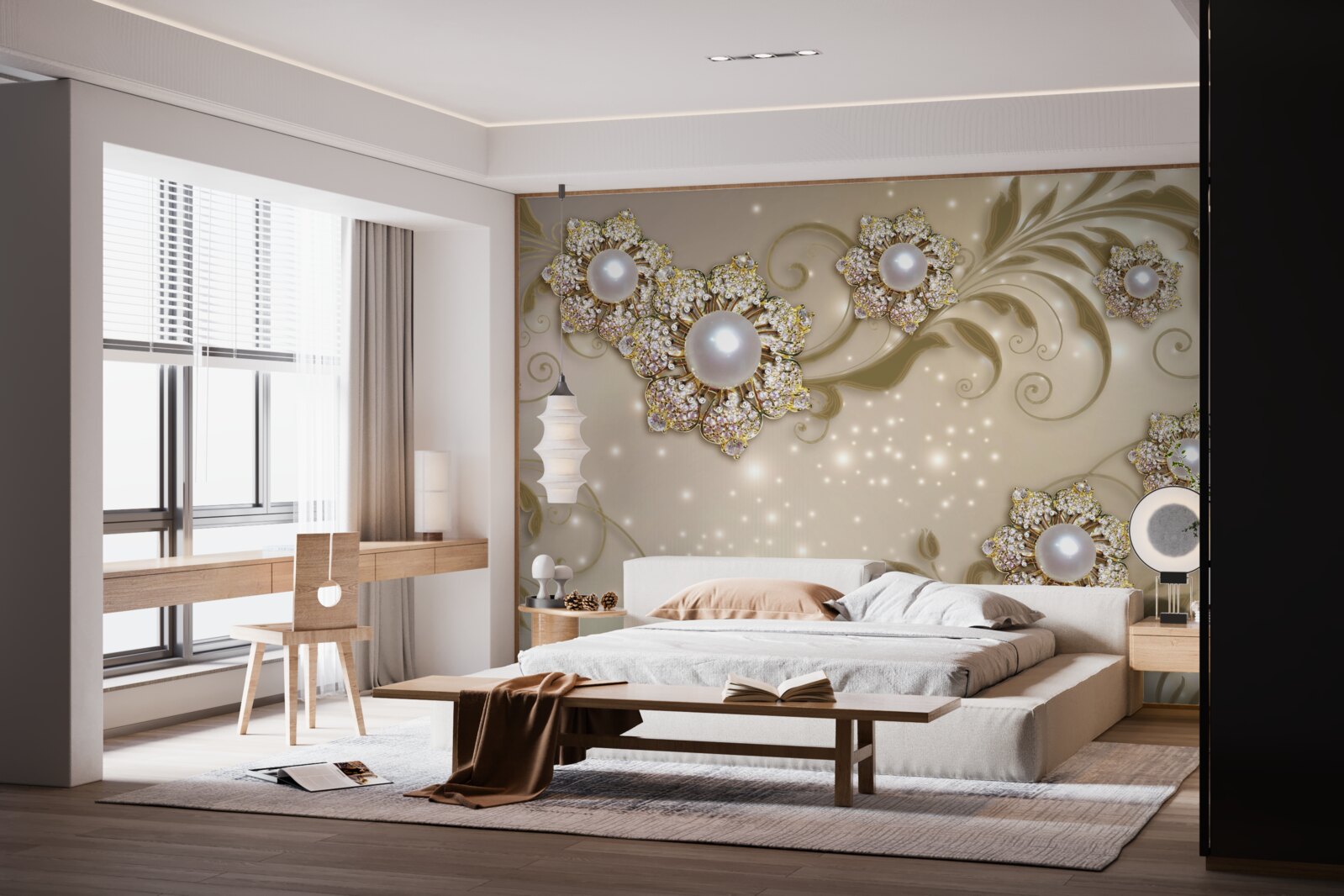 Papier peint bijoux en fleurs et perles dans les tons dorés