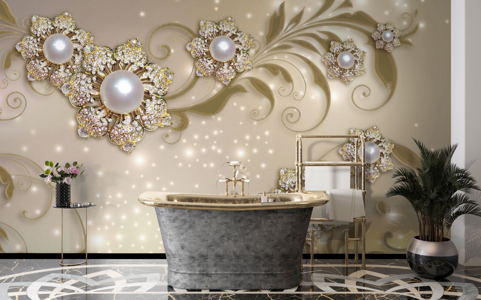 Papier peint bijoux en fleurs et perles dans les tons dorés