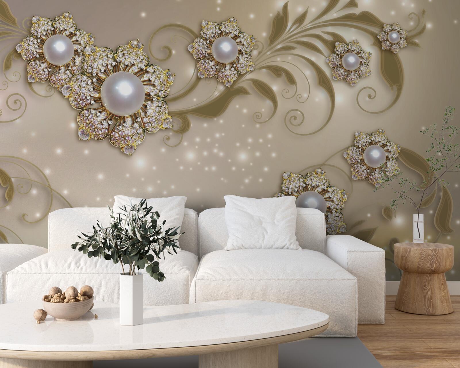 Papier peint bijoux en fleurs et perles dans les tons dorés