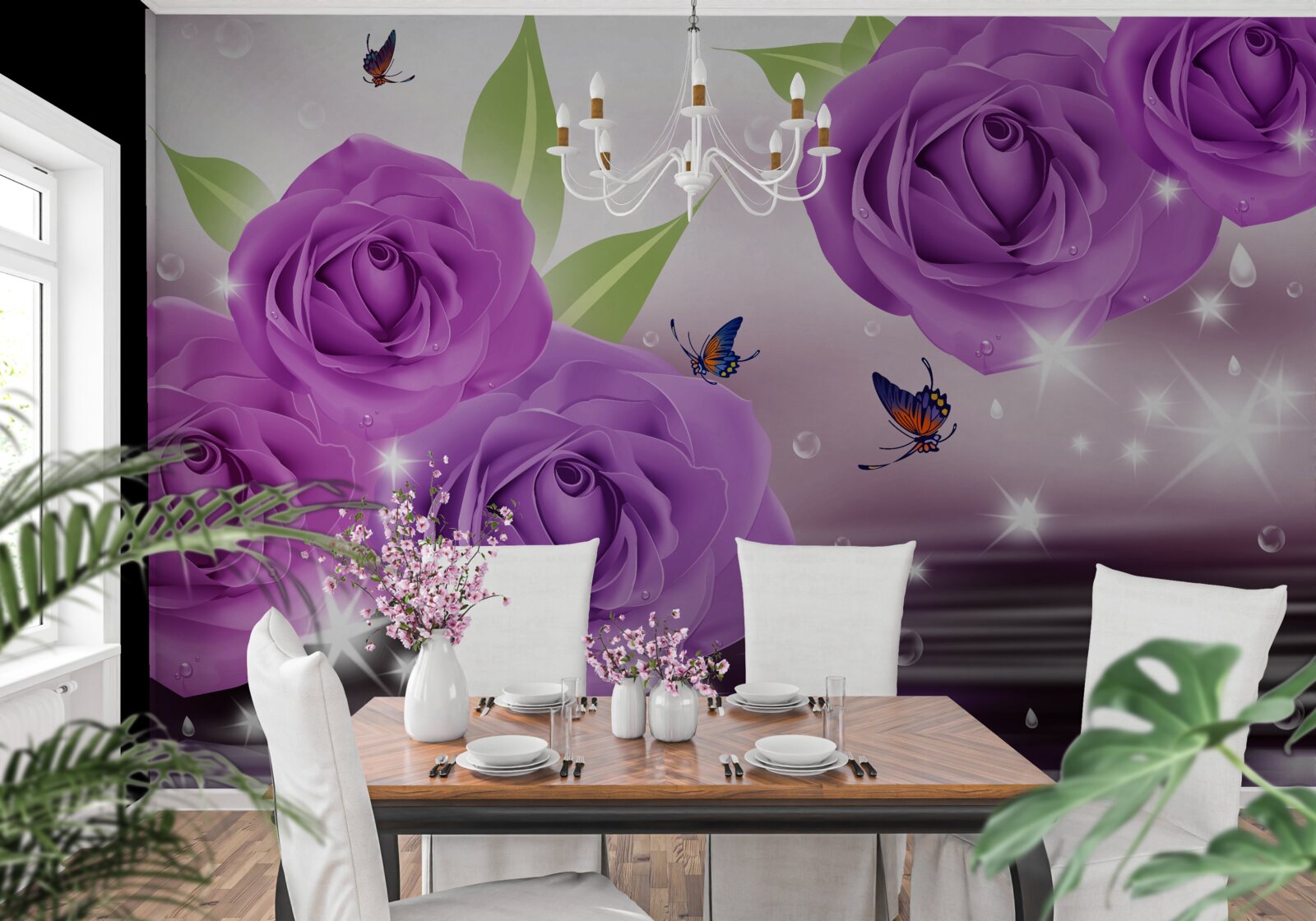 Papier peint les papillons et les roses sont de la couleur du lilas violet foncé