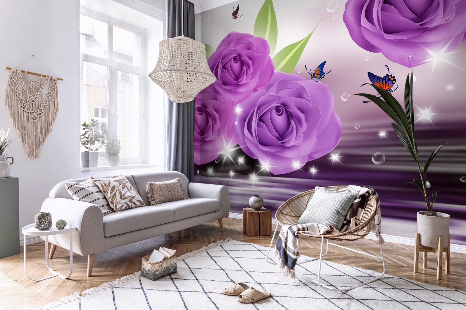 Papier peint les papillons et les roses sont de la couleur du lilas violet foncé