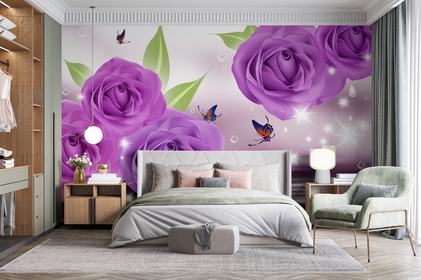 Papier peint les papillons et les roses sont de la couleur du lilas violet foncé