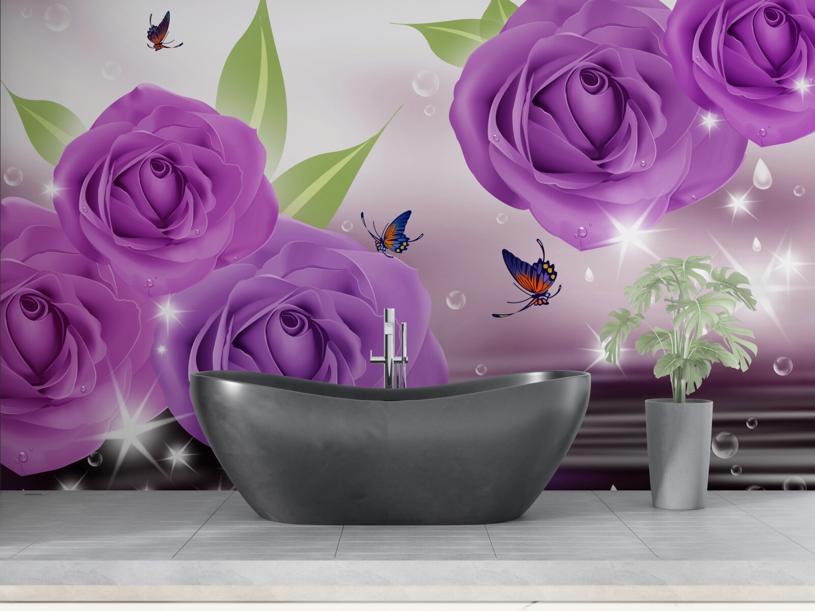 Papier peint les papillons et les roses sont de la couleur du lilas violet foncé