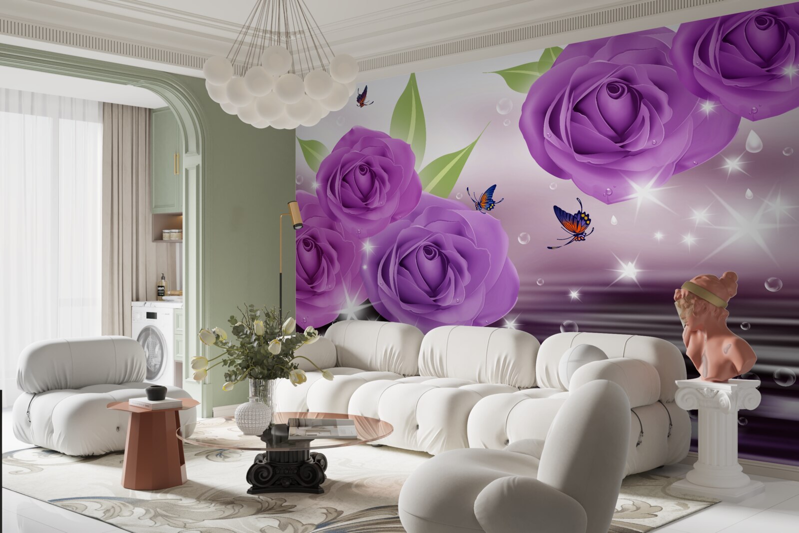 Papier peint les papillons et les roses sont de la couleur du lilas violet foncé