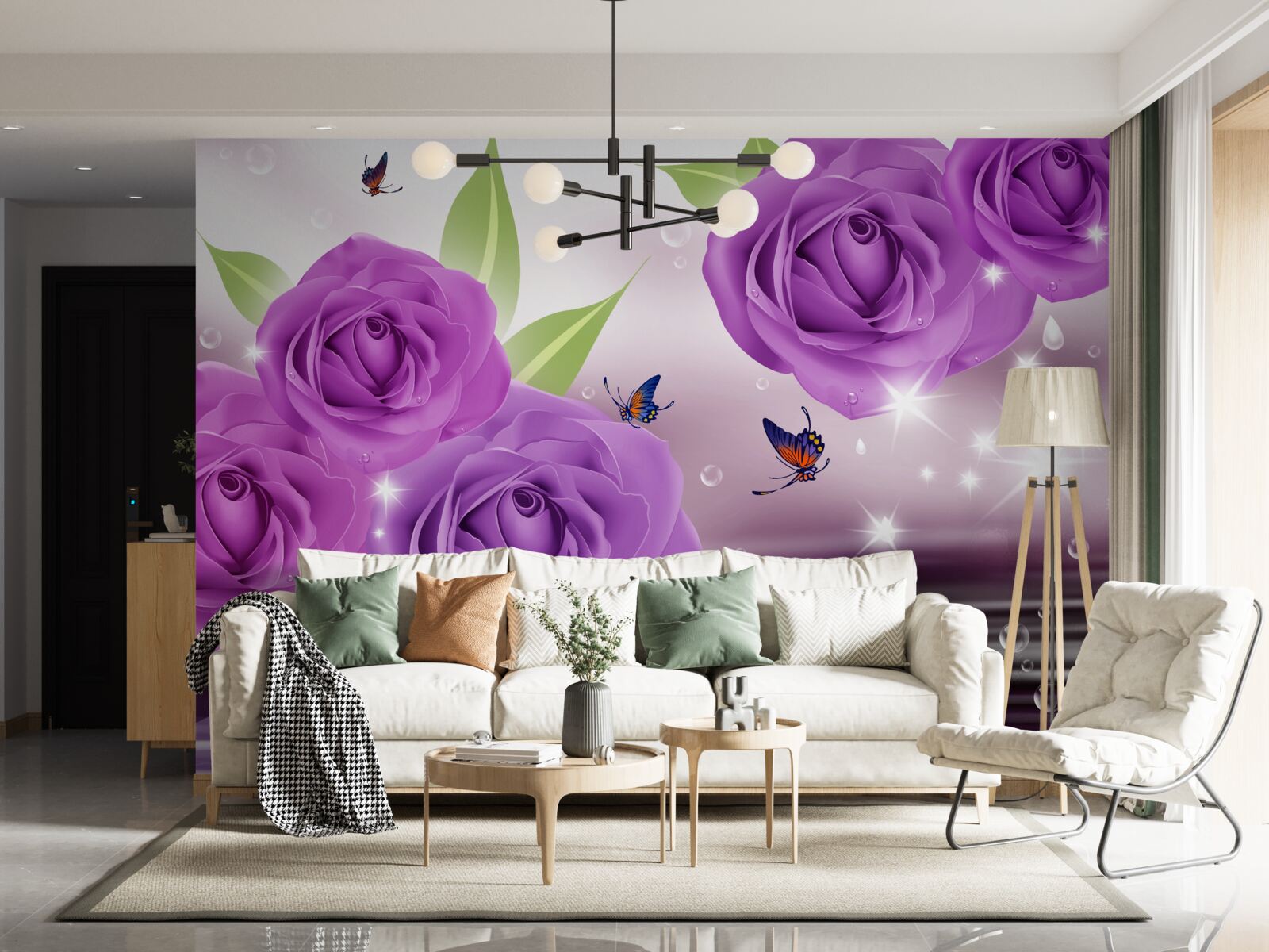 Papier peint les papillons et les roses sont de la couleur du lilas violet foncé