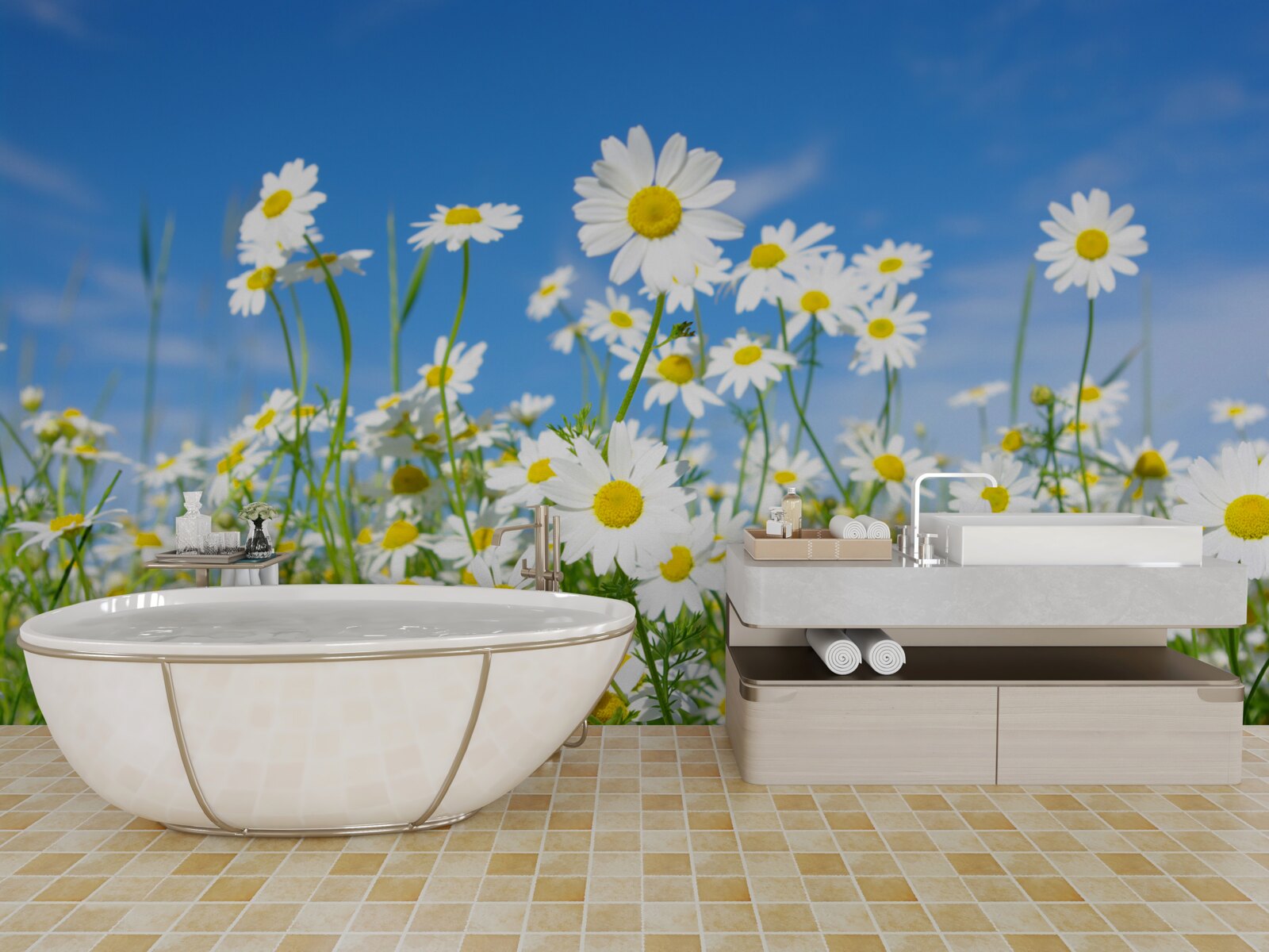 Papier peint camomille dans une prairie un jour d'été