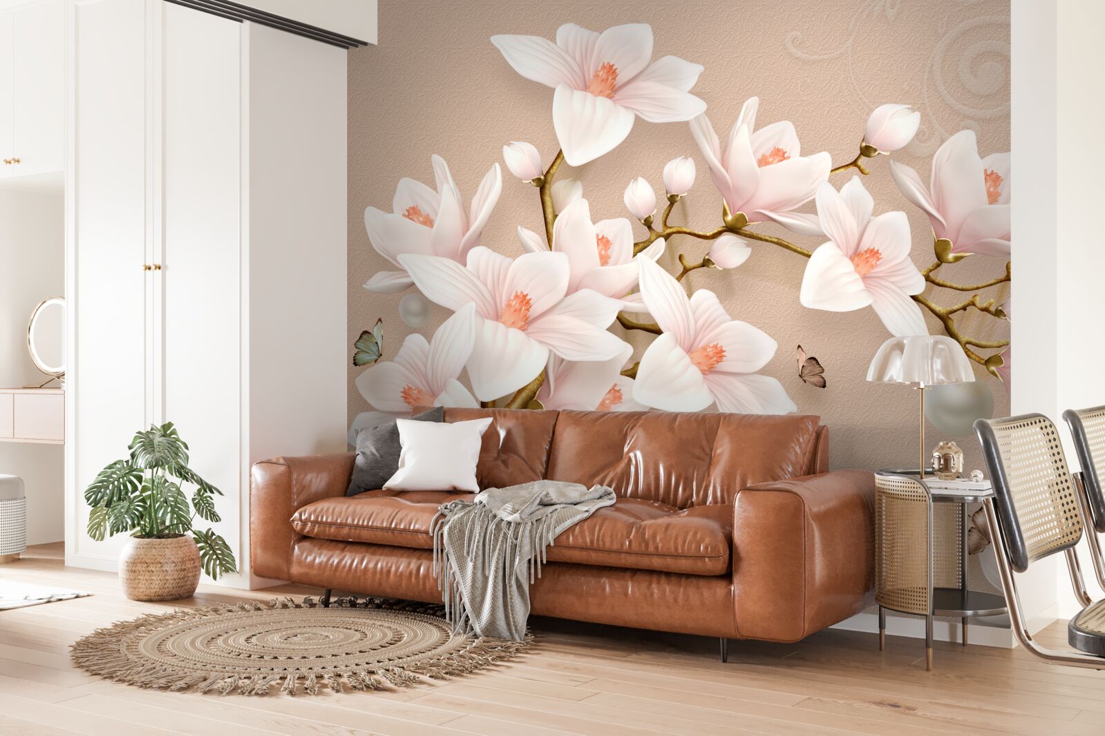 Papier peint bourgeons doux sur une base rose