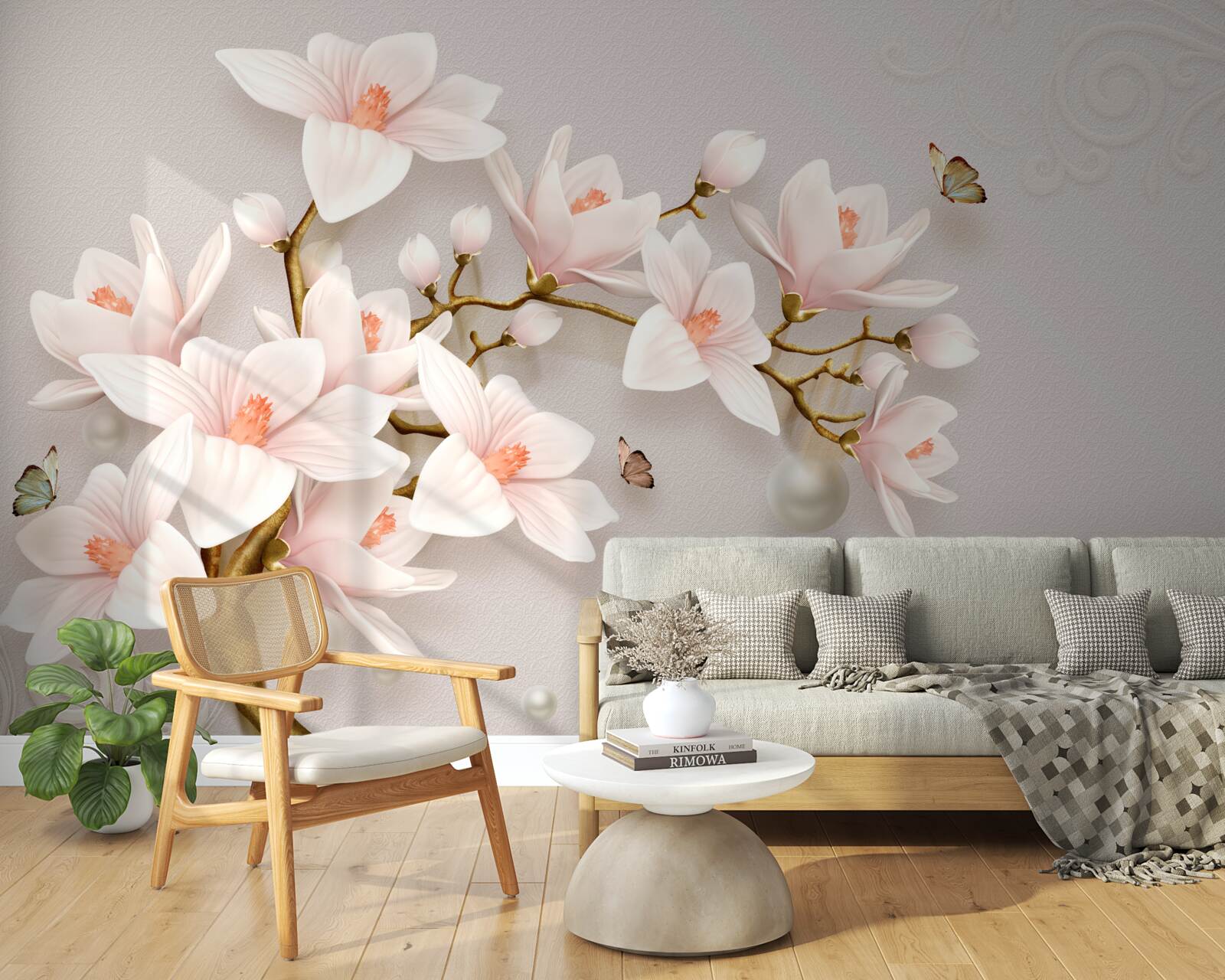 Papier peint bourgeons sur une tige dorée