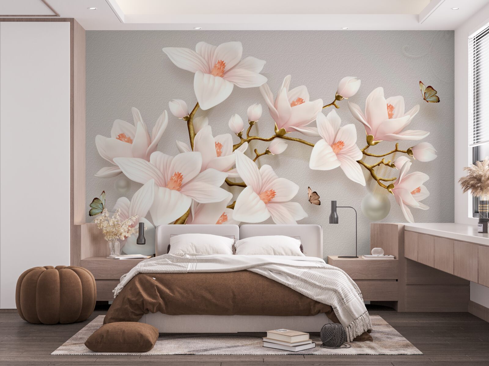 Papier peint bourgeons sur une tige dorée