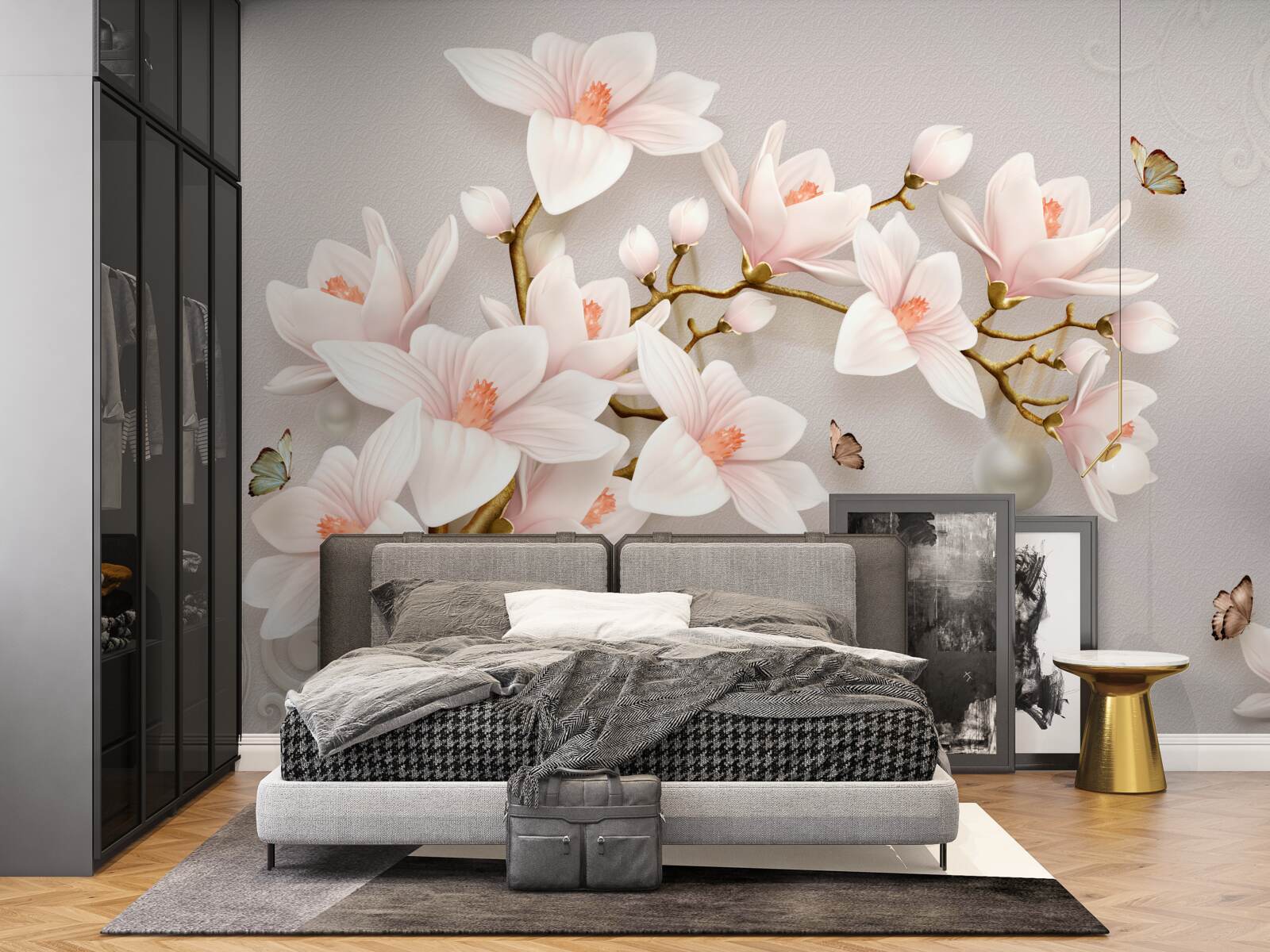 Papier peint bourgeons sur une tige dorée