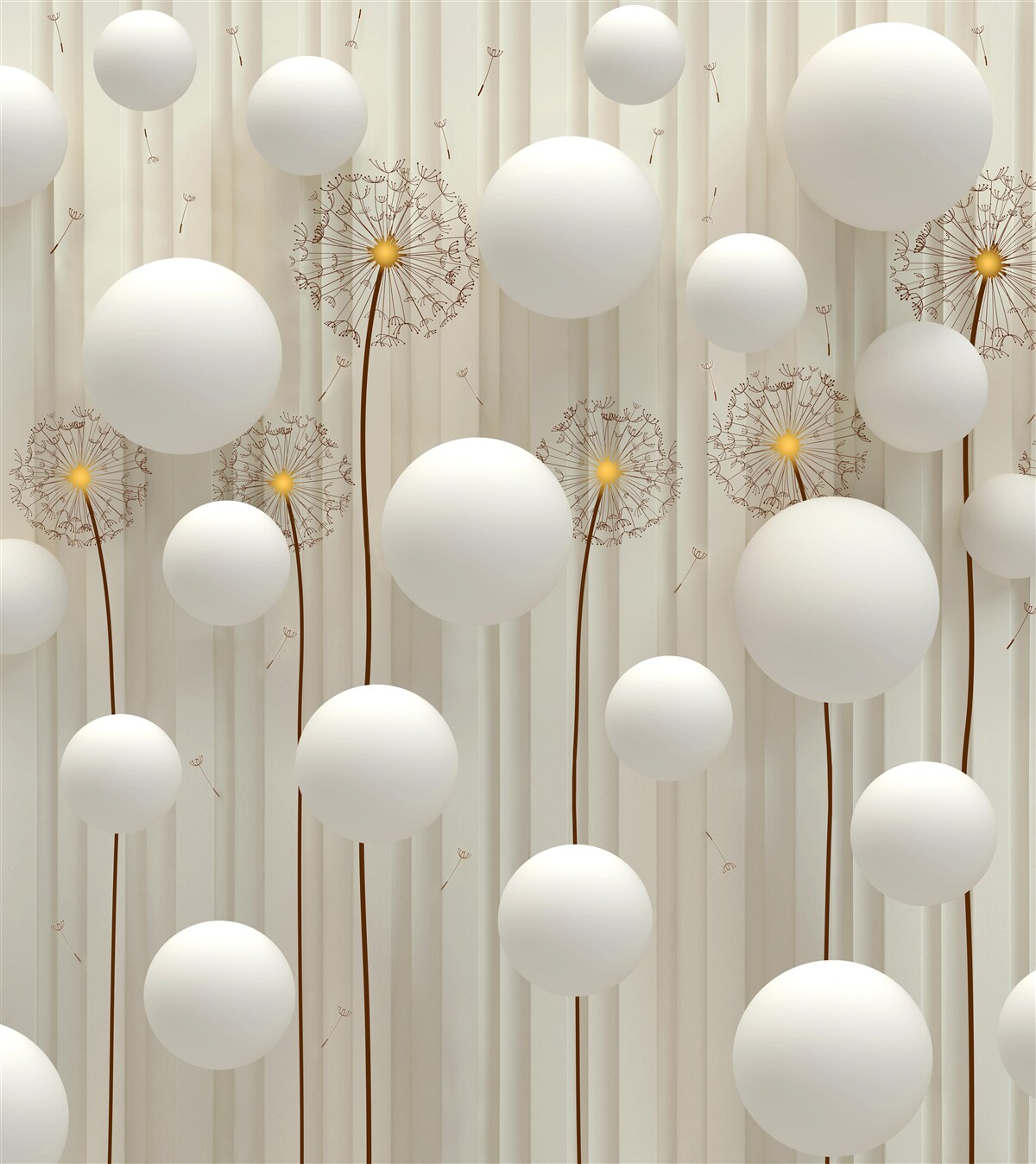 Papier peint pissenlit et boules blanches volant dans le ciel