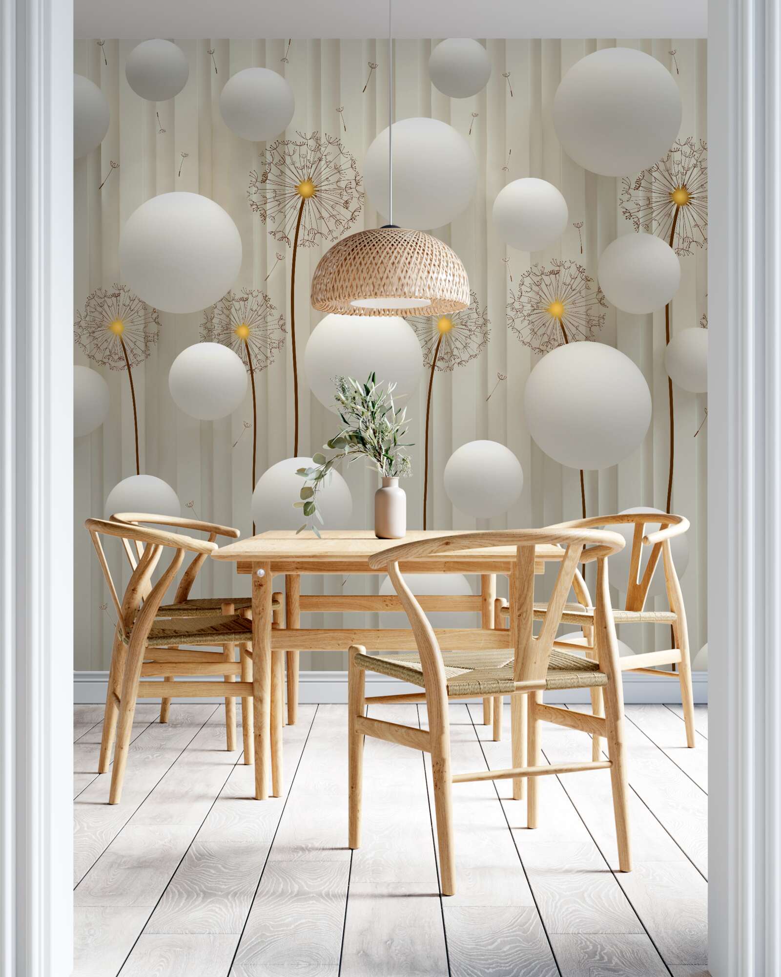 Papier peint pissenlit et boules blanches volant dans le ciel