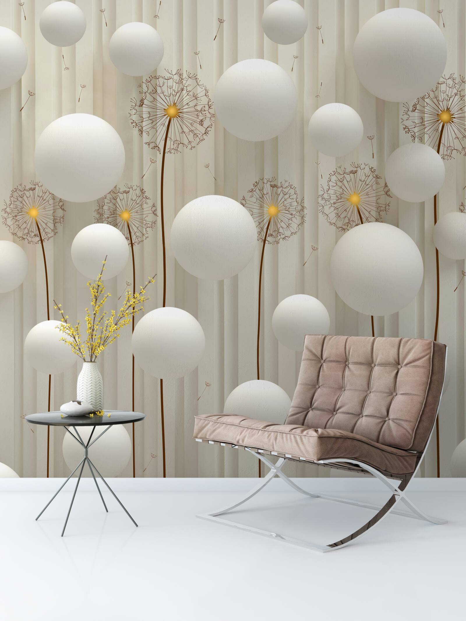 Papier peint pissenlit et boules blanches volant dans le ciel