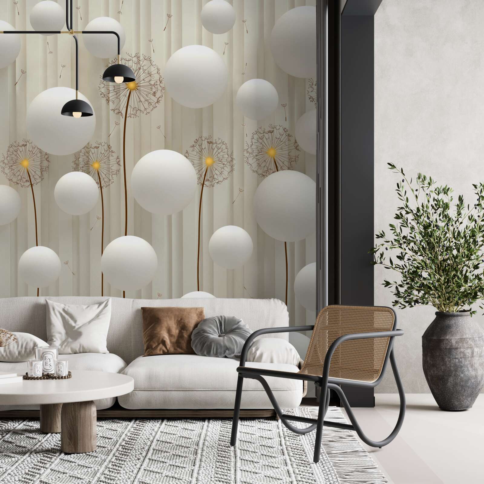 Papier peint pissenlit et boules blanches volant dans le ciel