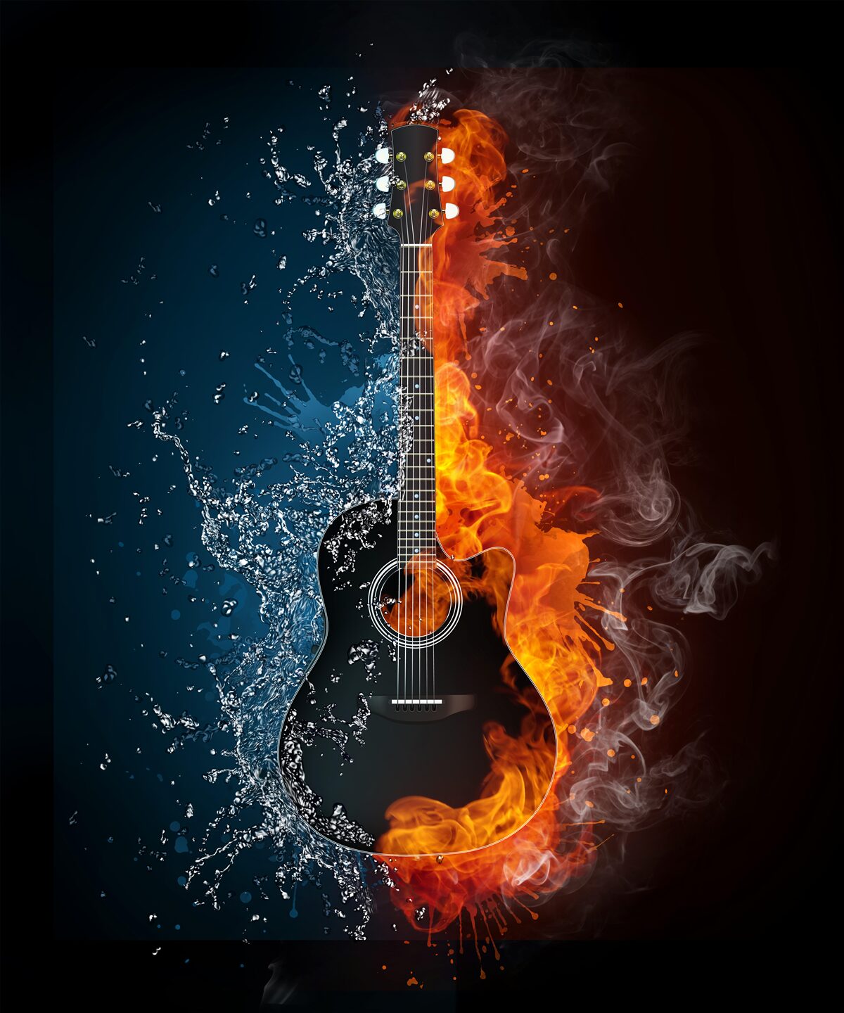 Papier peint l'eau et le feu entourent la guitare