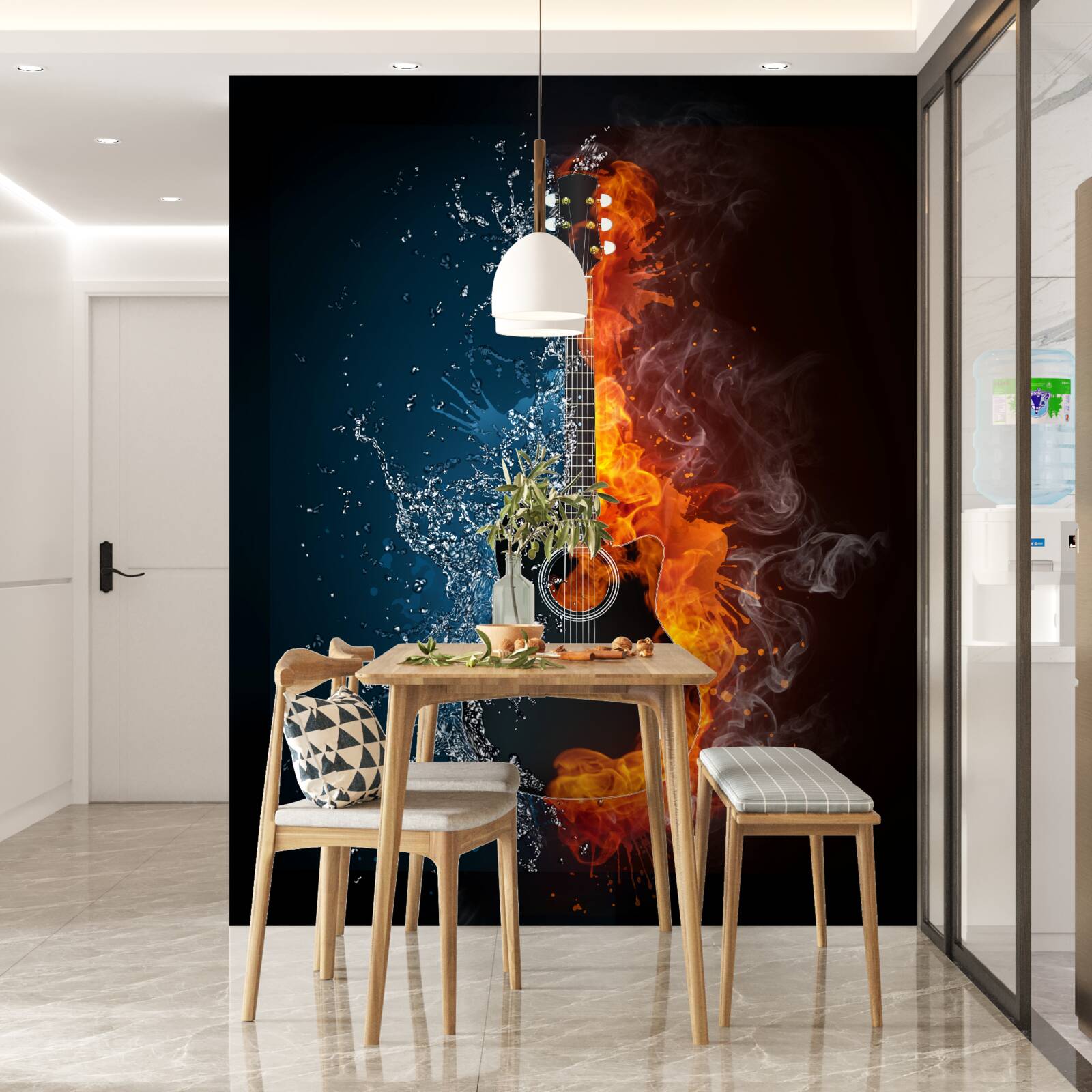 Papier peint l'eau et le feu entourent la guitare