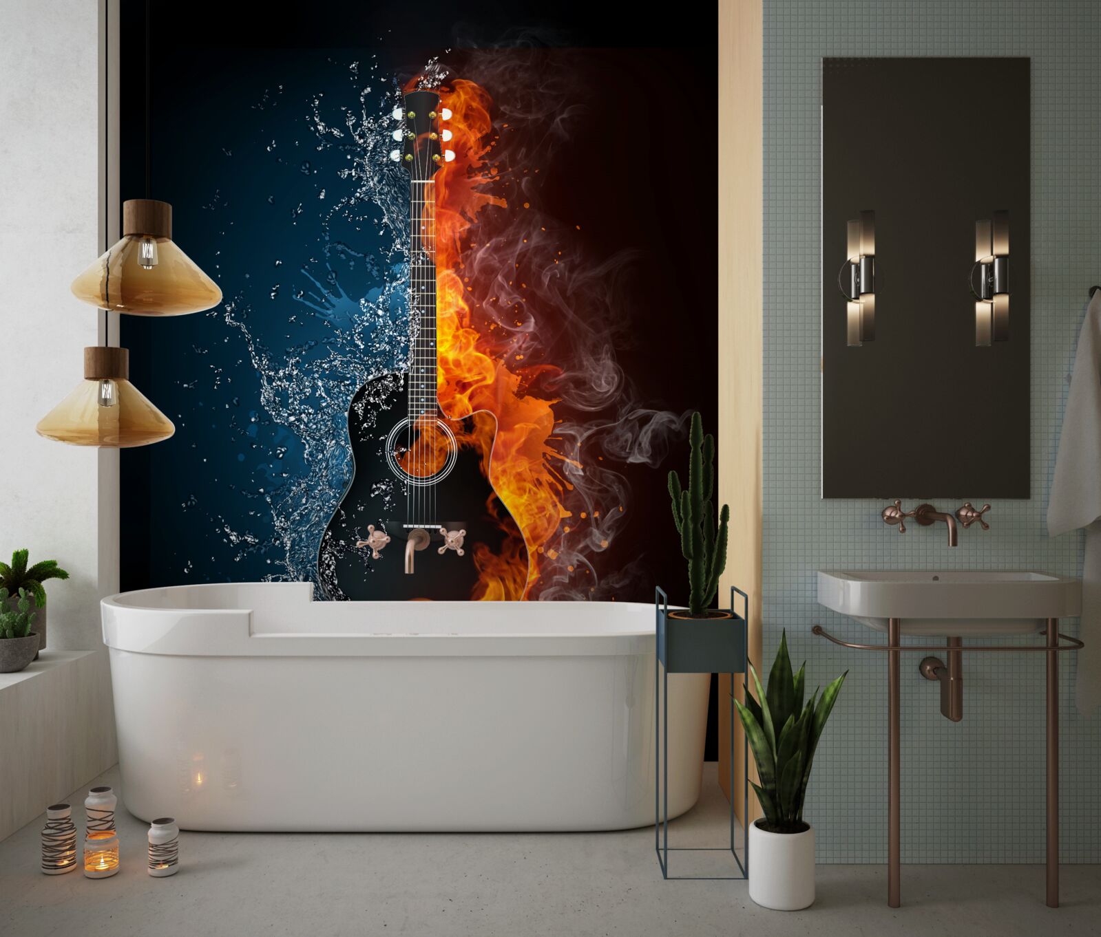 Papier peint l'eau et le feu entourent la guitare