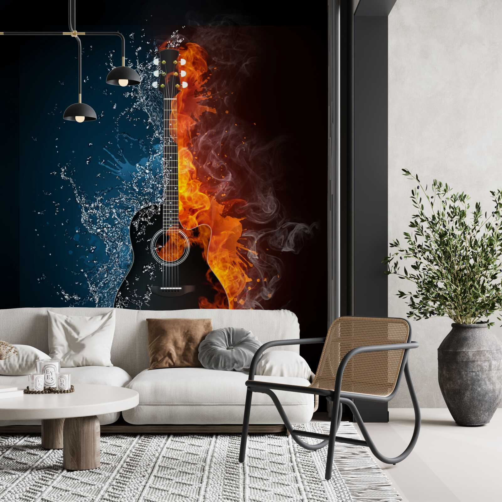 Papier peint l'eau et le feu entourent la guitare