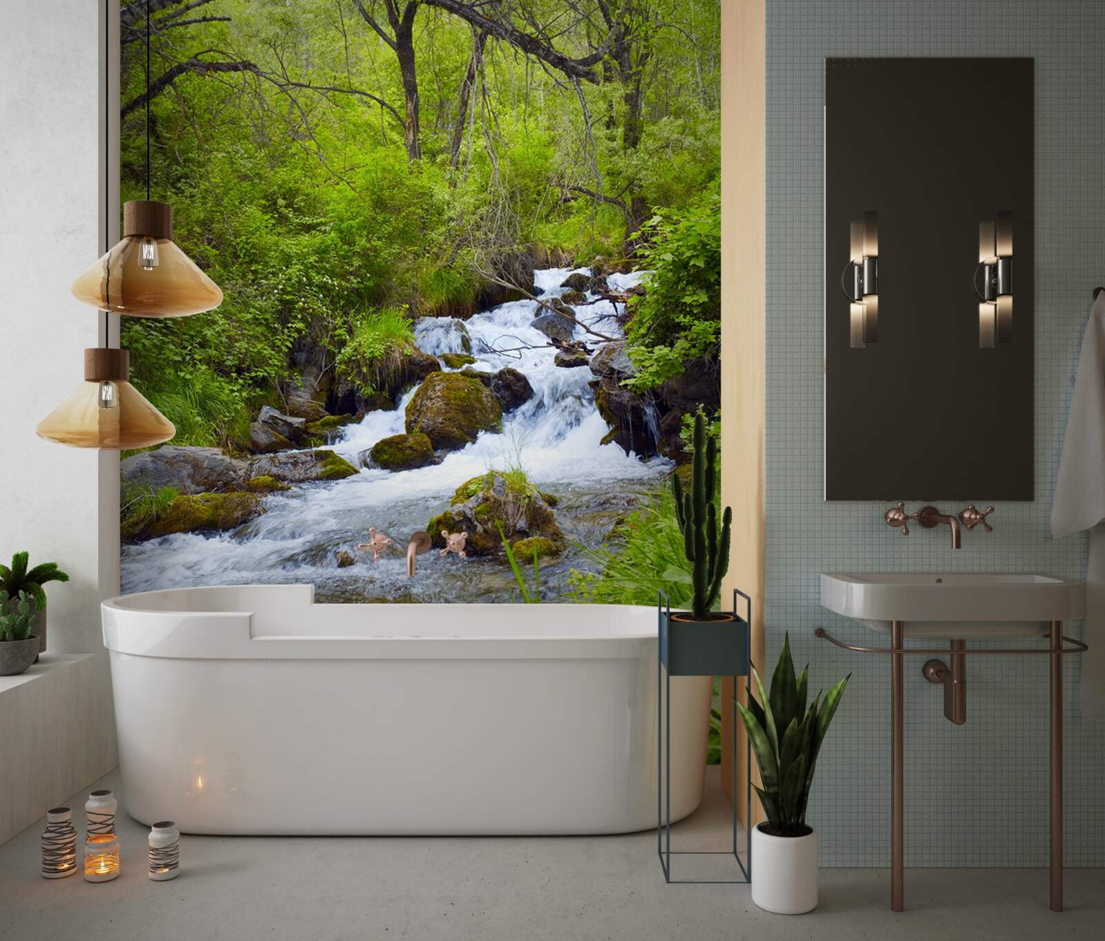 Papier peint chute d'eau coulant furieusement au milieu de la forêt