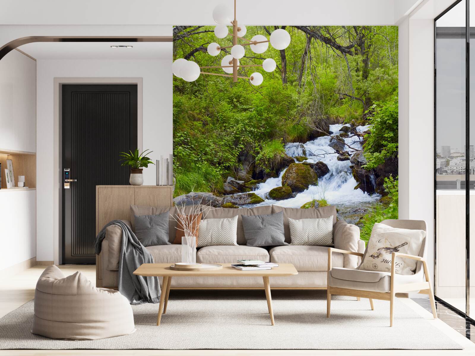 Papier peint chute d'eau coulant furieusement au milieu de la forêt