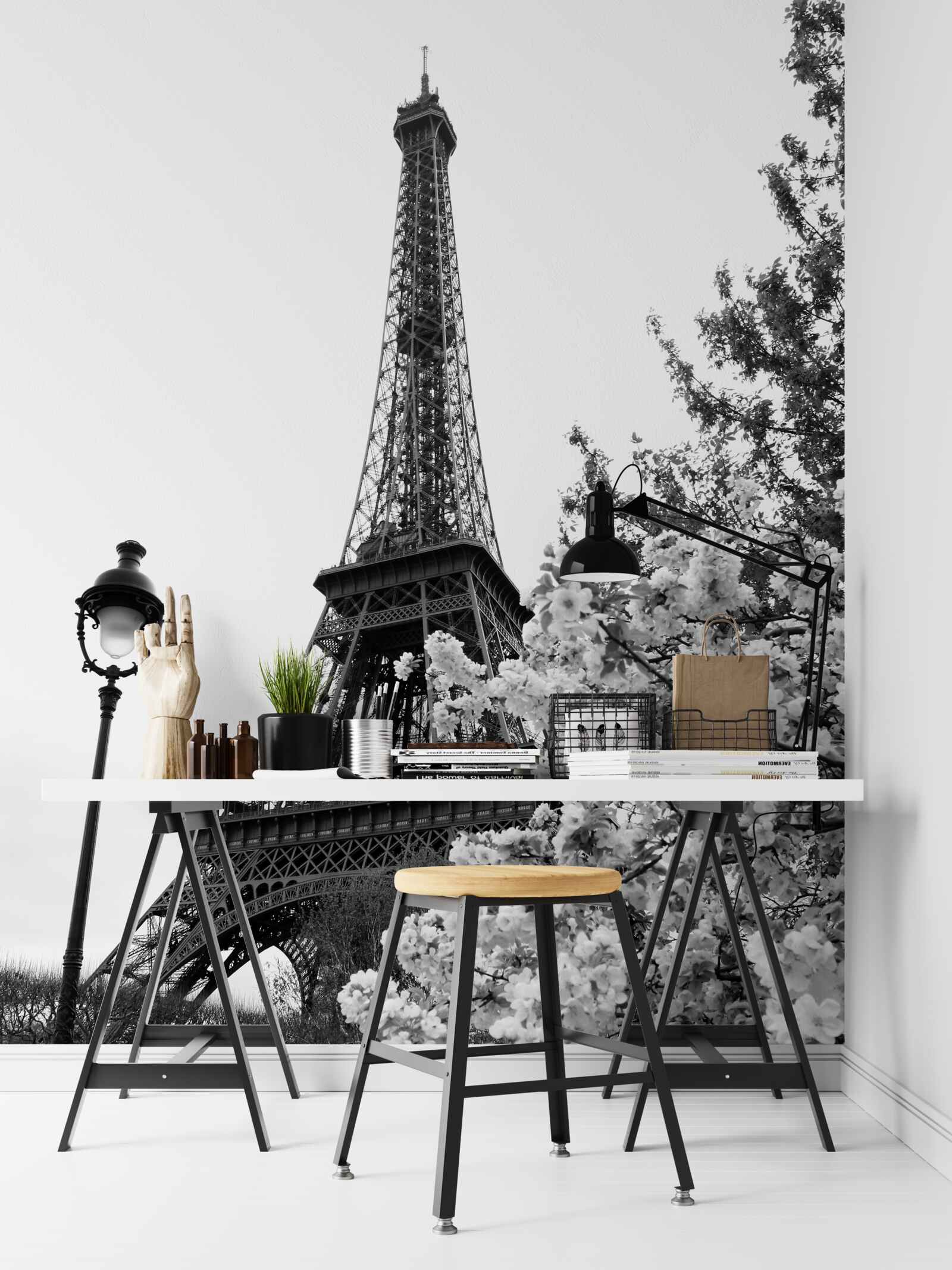 Papier peint tour eiffel en noir et blanc